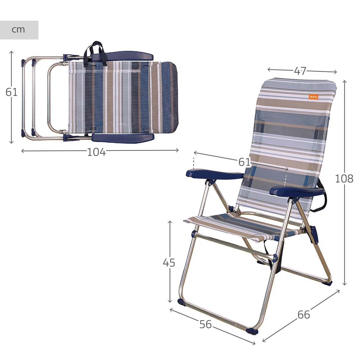 AKTIVE Silla alta de playa, Silla exterior, Silla con respaldo reclinable, 47x66x108 cm, altura del asiento 42 cm, asa para transportar, tacos antideslizantes, (62602)