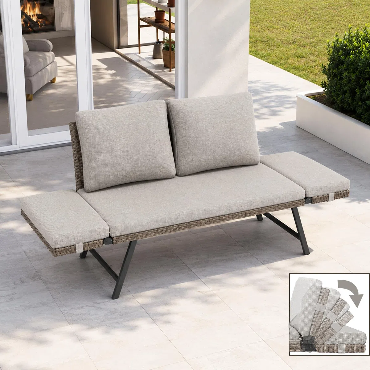 Fiutazge Sofá de Jardín de Rattan,2 Plazas con Reposabrazos Regulables,Convertible en Cama de Día,Sofa Terraza Exterior con Cojines Gruesos para Balcón,Terraza y Porche,Beige