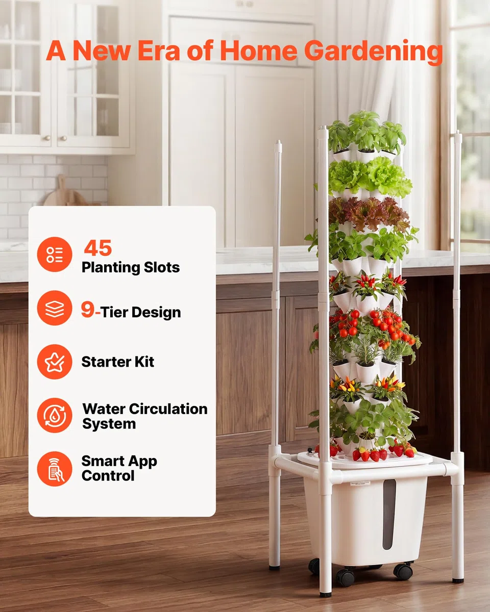 VEVOR Kit de Cultivo Hidropónico, Sistema de Torre Hidropónica de 9 Niveles 45 Agujeros, con Luces de Crecimiento Control por App Ruedas Bomba de Agua, Depósito de 20 L, para Hierbas Frutas Vegetales