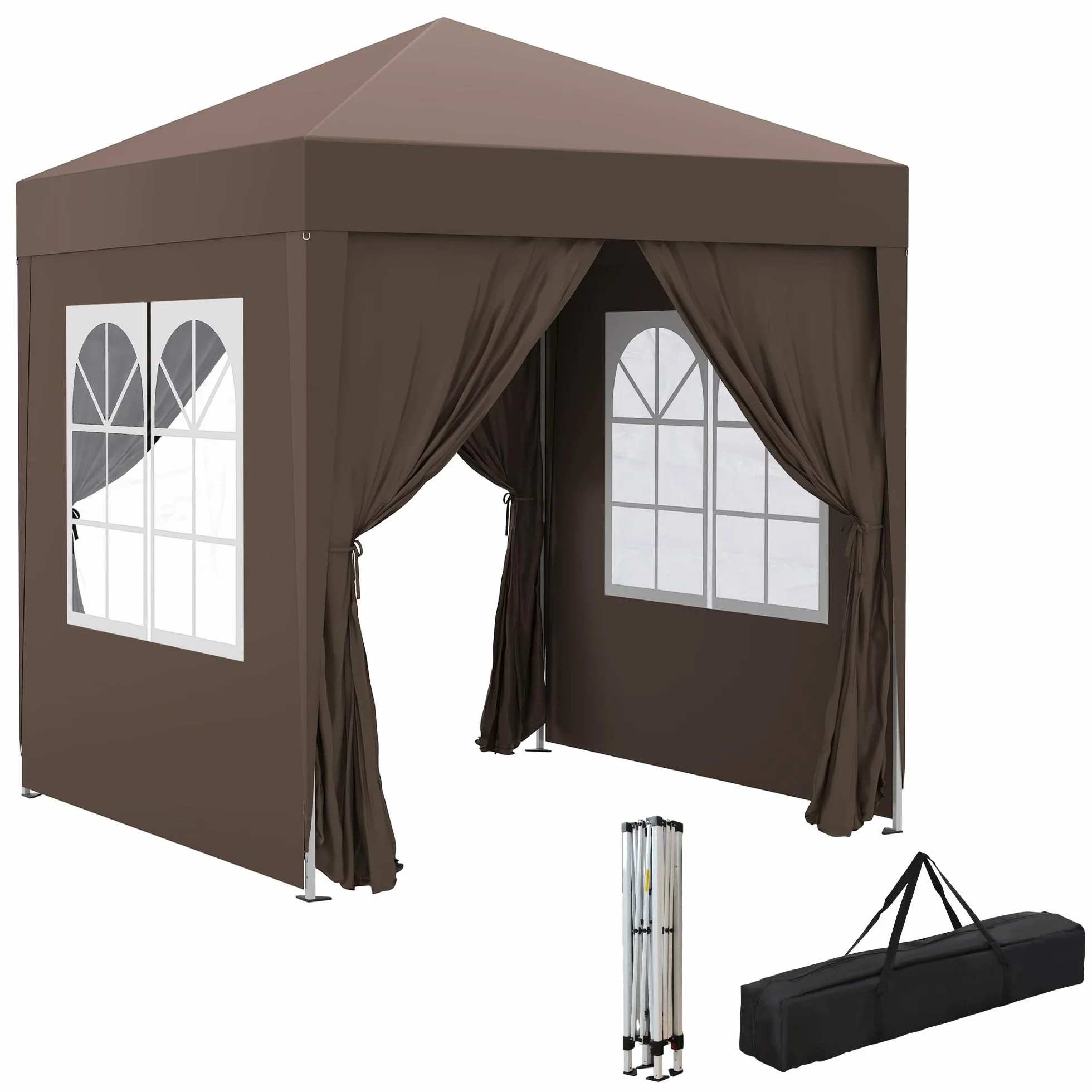 Outsunny Carpa Plegable Pop-up Gazebo 2x2 m Cenador Plegable con 4 Paredes Laterales Anti-UV y Bolsa de Transporte para Camping Fiestas Marrón