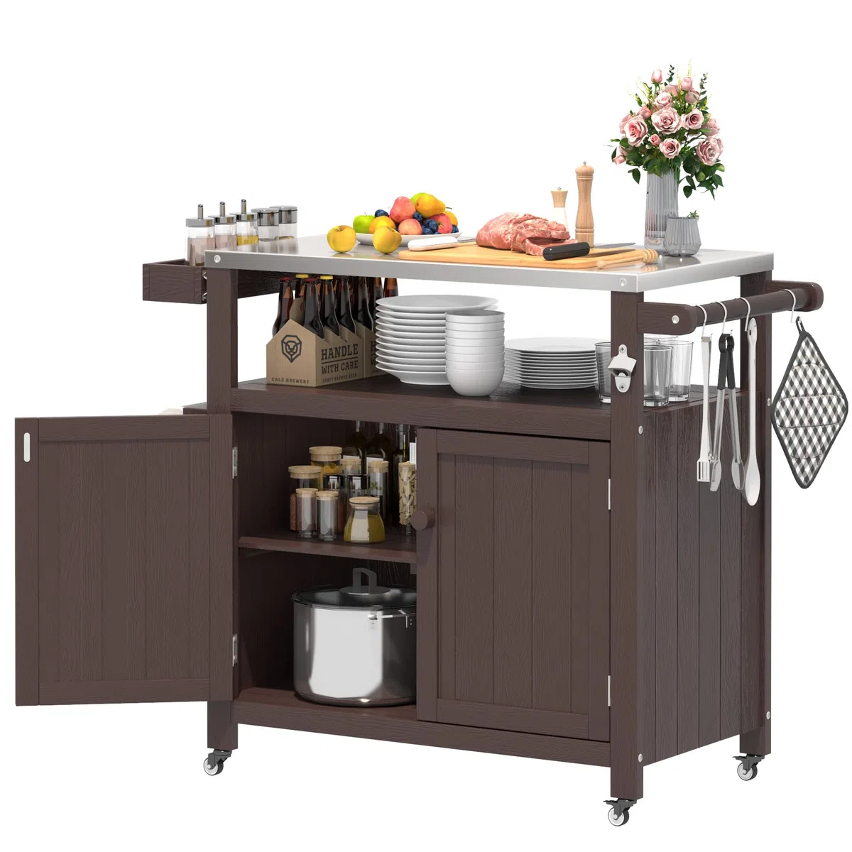 Carrito de Parrilla para Exteriores con Cubierta de Acero Inoxidable, Carrito de jardín Hips Resistente a la Intemperie, Isla de Cocina portátil con Ruedas, Ganchos y Estante Lateral