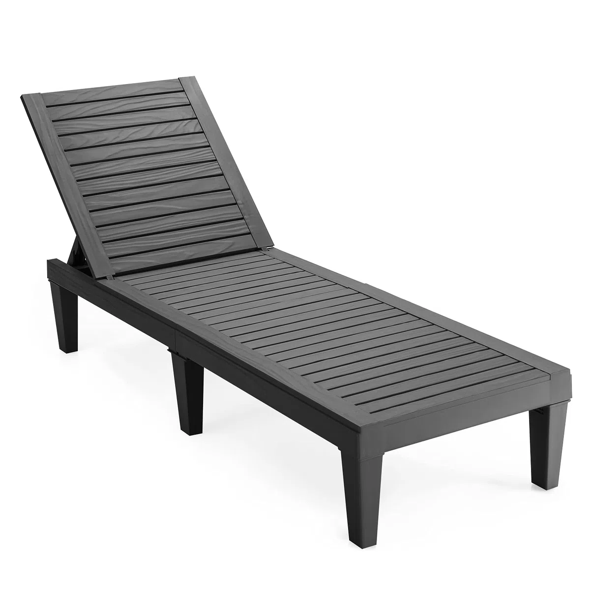 GIANTEX Tumbona de Jardín Exterior con Respaldo Ajustable en 5 Posiciones, Tumbona Reclinable de PP con Acabado Efecto Madera, Carga 180 kg, para Playa, Balcón, Terraza, Piscina (1, Negro)