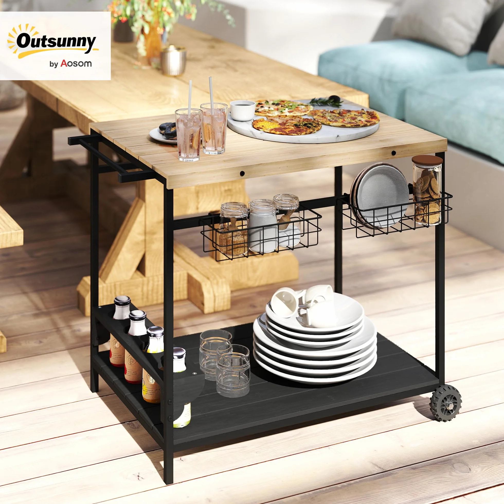 Outsunny Camarera con Ruedas de Madera Carro de Servicio con 2 Estantes 2 Cestas Metálicas y Soportes para Botellas para Jardín Terraza Patio 97,5x65x81 cm Natural y Negro