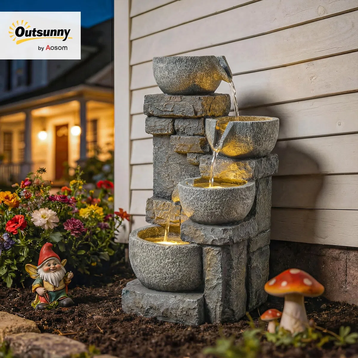 Outsunny Fuente de Agua Decorativa con Iluminación LED y Bomba, Fuente de Jardín Exterior en Cascada de 4 Niveles, Flujo Ajustable, Resistente a la Intemperie, para Jardín, Terraza, Patio, Gris