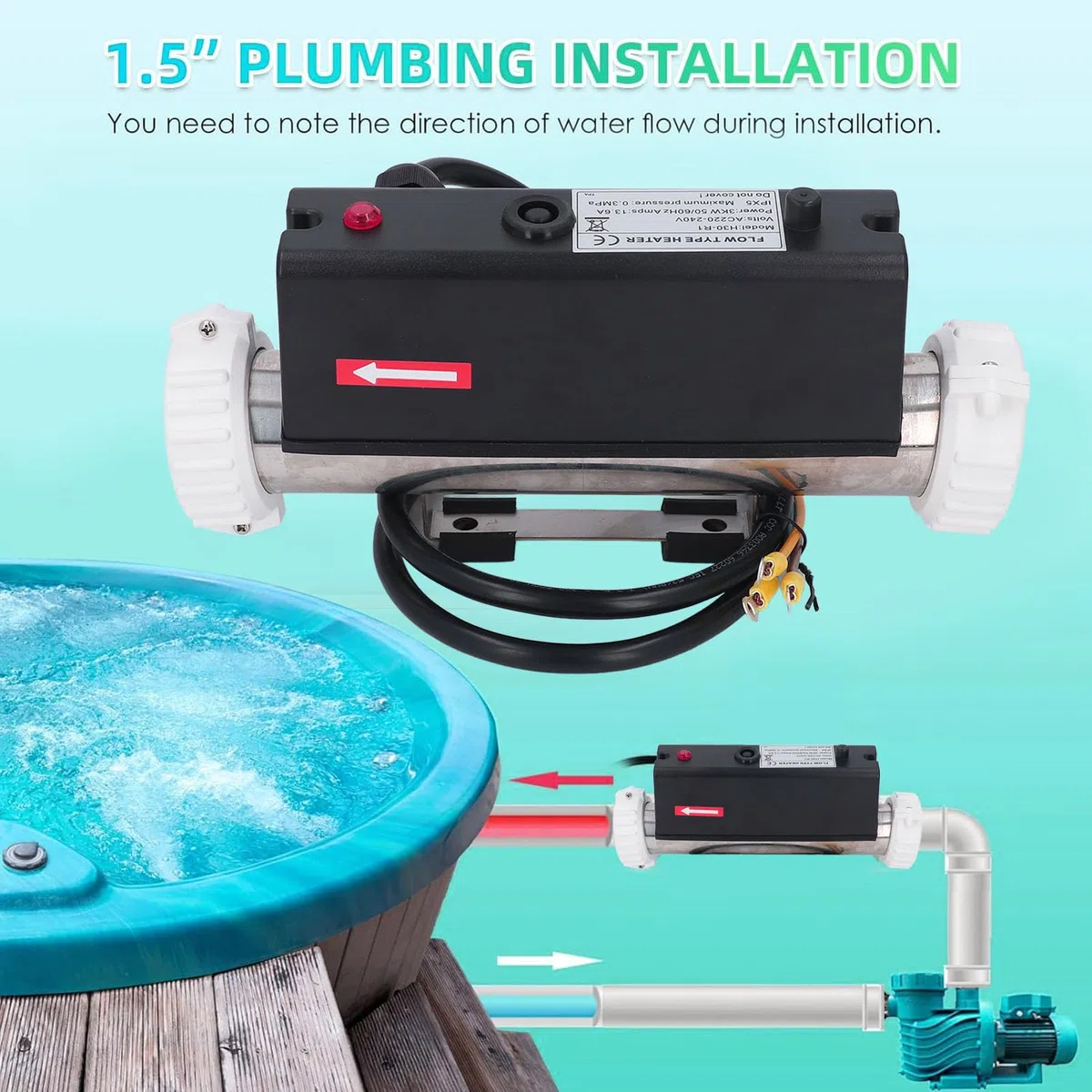 Qcwwy Calentador de Piscina Eléctrica, Termostato de Agua con Control de Temperatura Autocompletado para Bañera de SPA Piscina Hardpada con Interruptor de Presión (3KW)