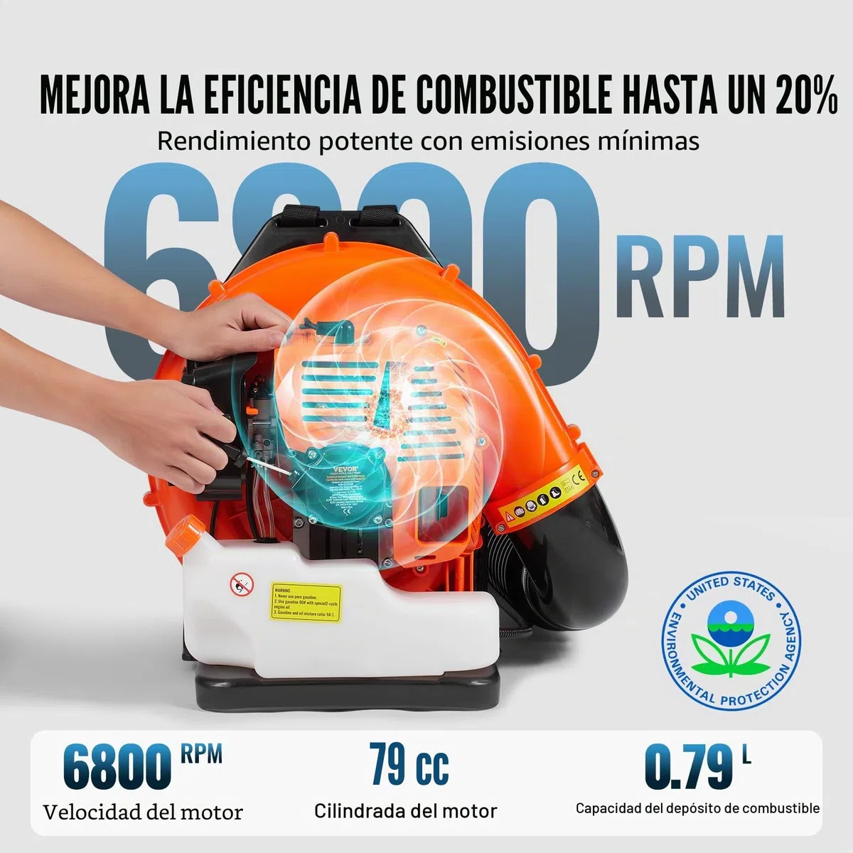 VEVOR Soplador de Hojas de Gas 79 CC Soplador de Nieve de Mochila 2 Tiempos con Tanque de Combustible 3 L Volumen de Aire de 930 CFM para Cuidado del Césped, Limpieza de Hojas, Eliminación de Nieve