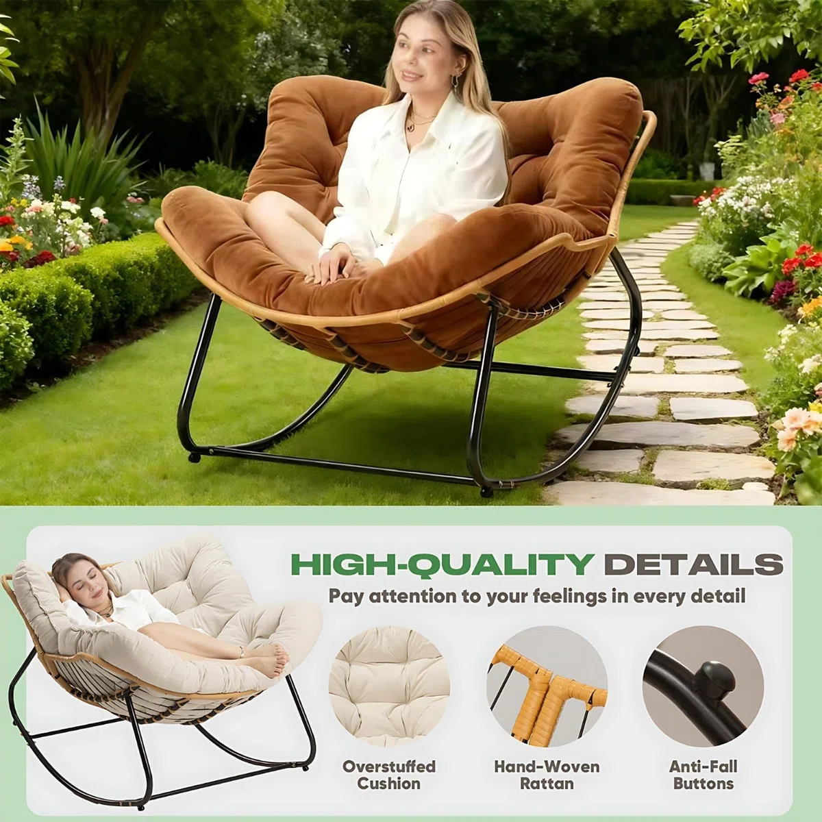 Mecedoras de exterior de gran tamaño con forma de huevo para adultos con cojín grueso, marco metálico, para patio, jardín, cómodas, modernas, sillas de salón, adecuadas para uso en interiores y