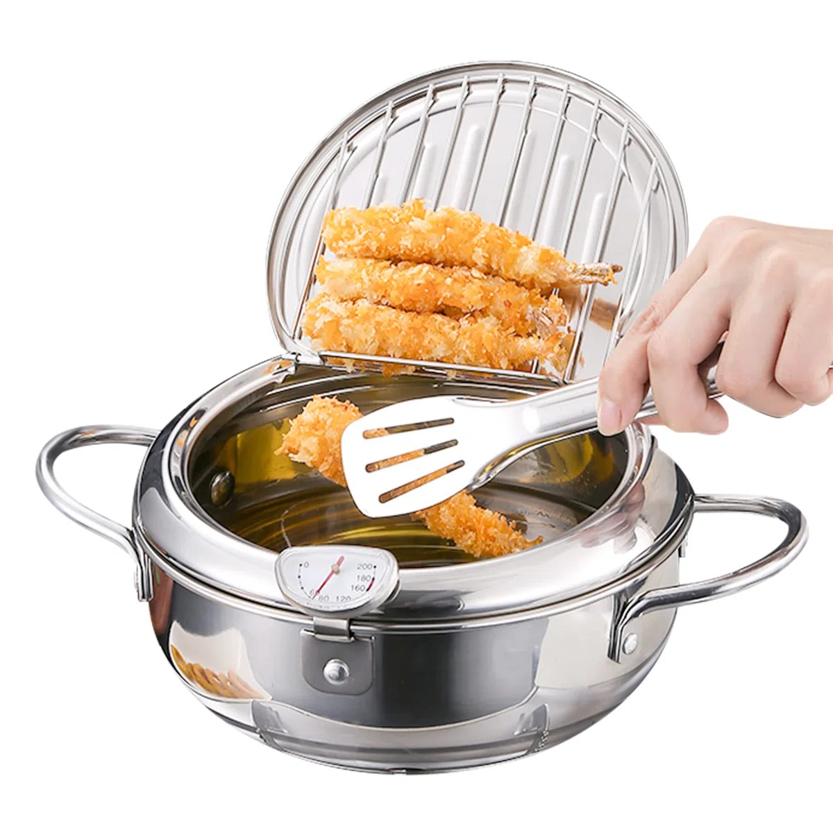 Olla Freidora,Freidora de Estilo Japonés Olla con Inducción de Termómetro, Mini Sartén de Acero Inoxidable de Grado Alimenticio con Escurridor de Goteo de Aceite para Cocinar Papas Fritas (L - 3400ml)