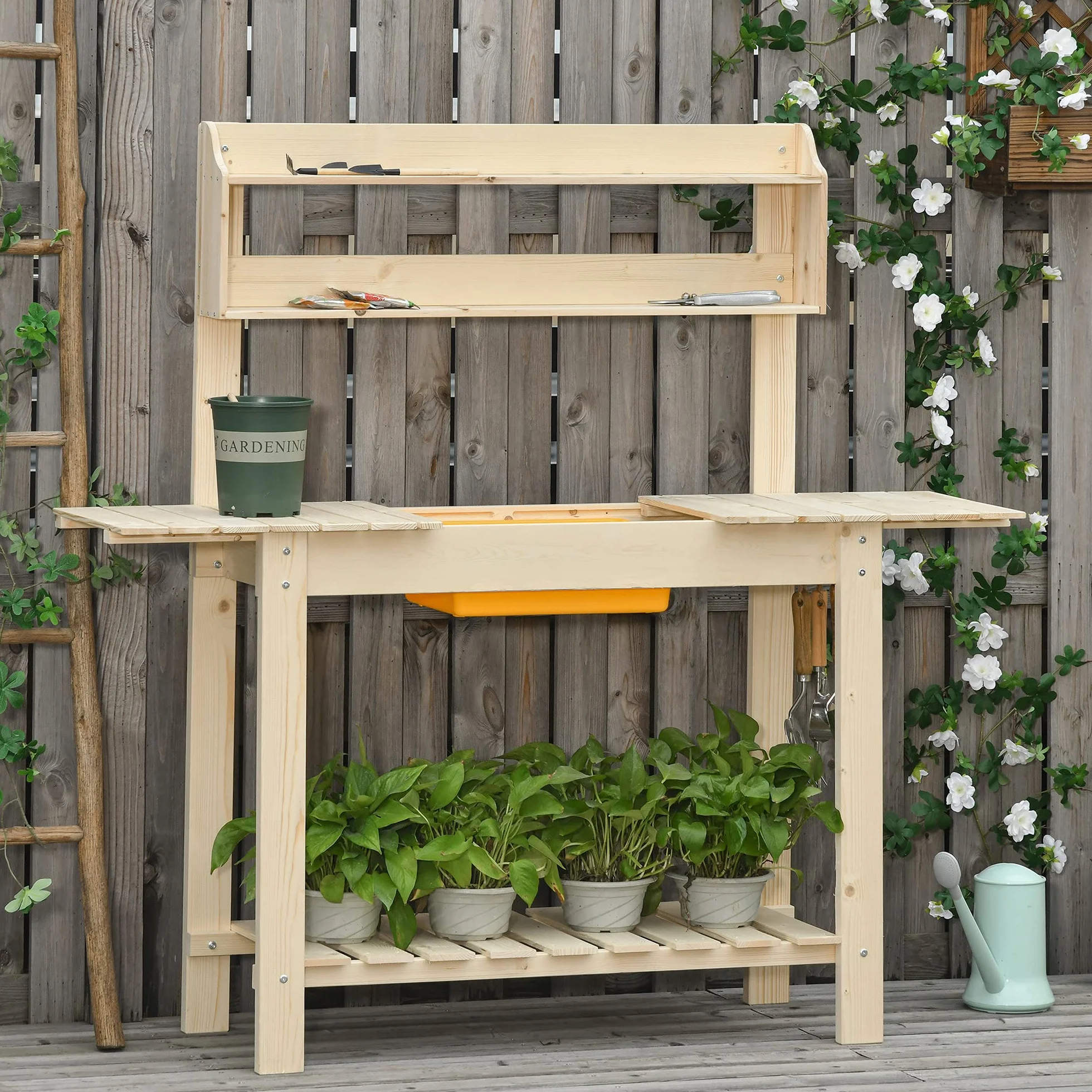 Outsunny Mesa de Plantación de Madera Mesa para Macetas Mesa de Trabajo con Tablero Deslizante 3 Estantes Ganchos Jardín Patio Garaje 100x40x140 cm Natural