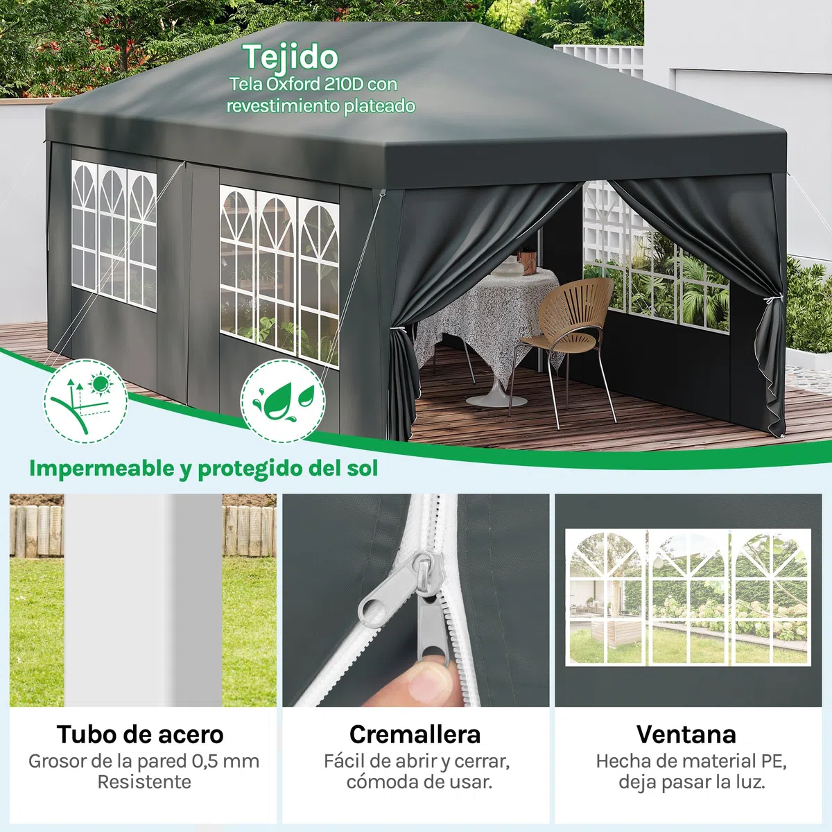 Laneetal Gazebo de Jardín 3x6 m, Carpa Plegable e Impermeable, Pergola Jardín Marco Metalico, Pabellón Cenador para Camping y Fiestas, 6 Paredes Laterales y 4 Ventanas, Antracita