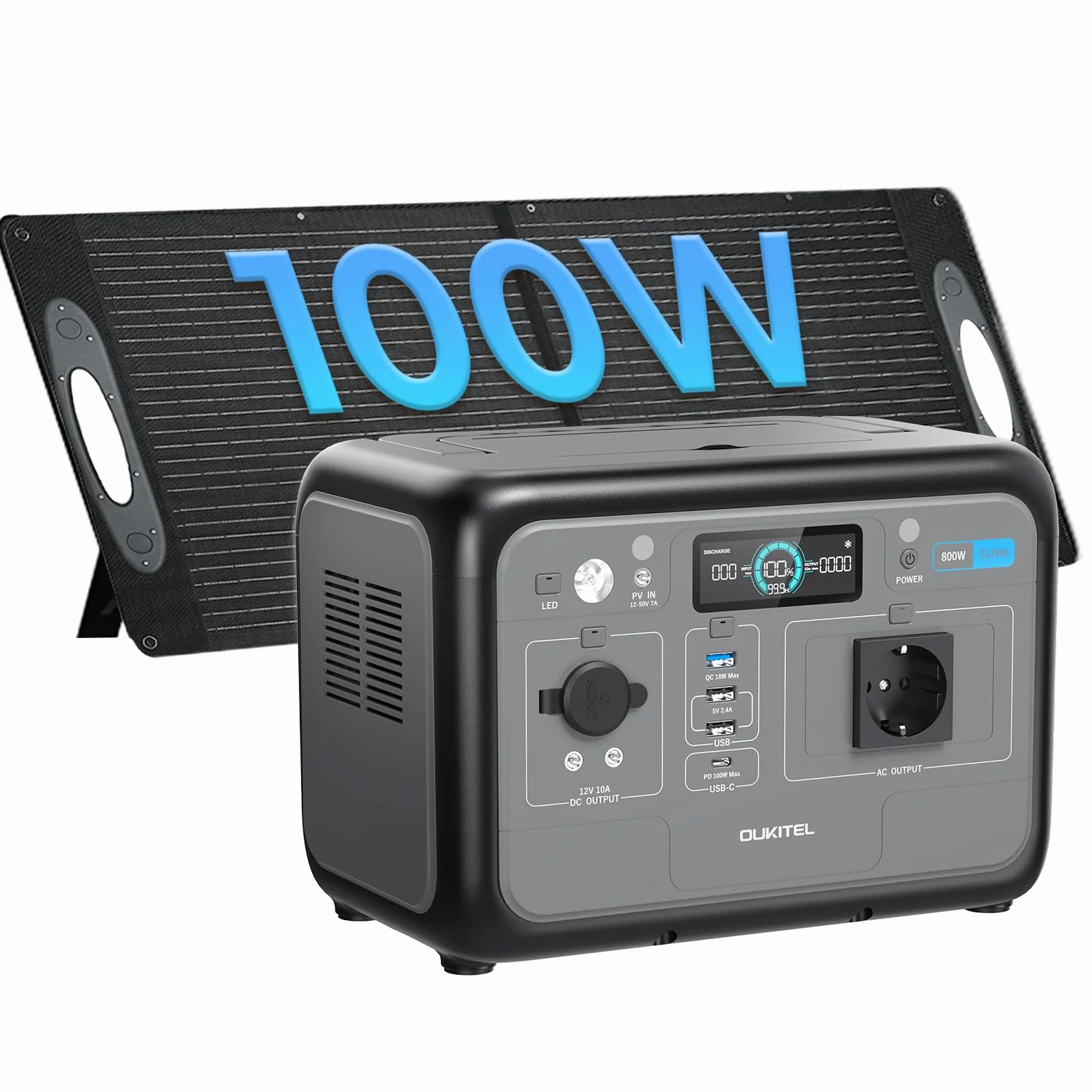 OUKITEL P800 Estación de Energía Portátil 800W con Panel 100W, Generador Solar con Batería Lifepo4 de 512 Wh, Generador con Salidas USB A Y C, Potencia Máxima de 1600 W, Carga Rápida, Portátil 6 Kg