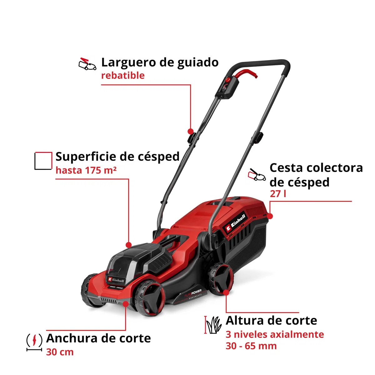 Einhell cortacésped con batería GE-CM 18/30-1 Li BL-Solo Power X-Change (18 V, 30 cm de Ancho de Corte, hasta 175 m2, brushless, Cesta 27 l, Altura de Corte 30-65 mm, sin batería)