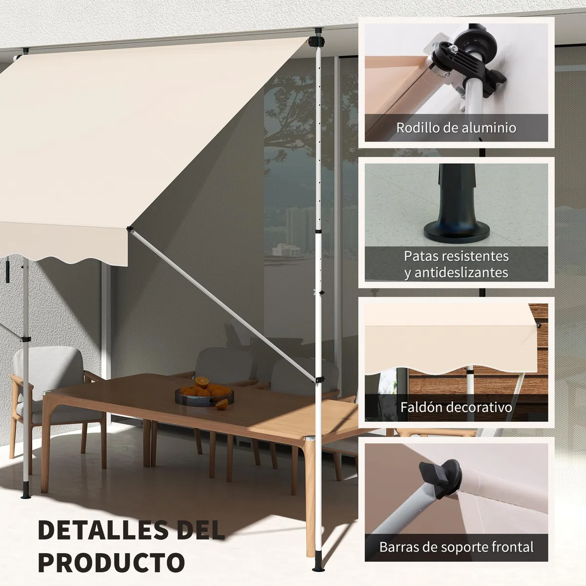 Outsunny Toldo Manual Retráctil 3x1,5 m, Toldo Exterior Terraza Enrollable, Altura Ajustable 170-280 cm, con Manivela, Anti-UV e Impermeable, Sin Taladro, para Balcón, Jardín, Beige