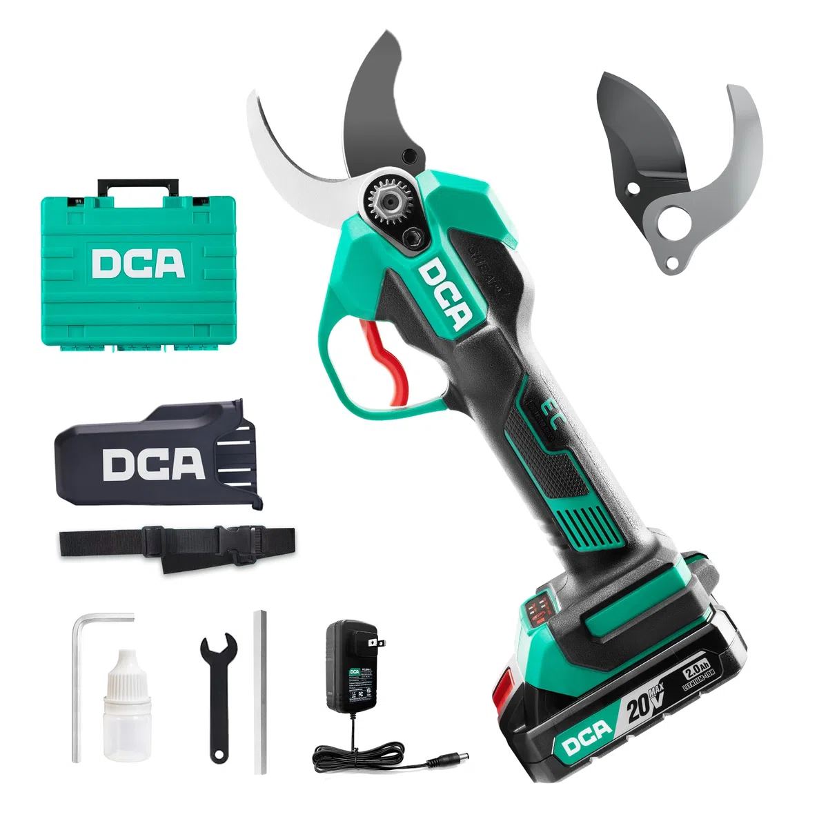DCA Tijeras de Podar Eléctricas 20V, máx 35mm Tijeras de Podar Bateria hoja SK5, Motor Sin Escobillas con 2,0Ah Batería, con estuche de seguridad portátil para Jardinería, Árboles Frutales, Viñedos