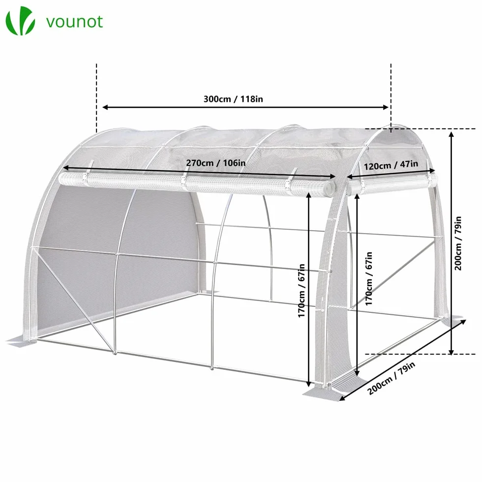 VOUNOT® Invernaderos Jardín, Tunel Invernadero Huerto para Plantas con Paredes Laterales Enrollables, Cubierta PE y Ubo de Acero, Impermeable, 3 x 2 x 2 m, Blanco