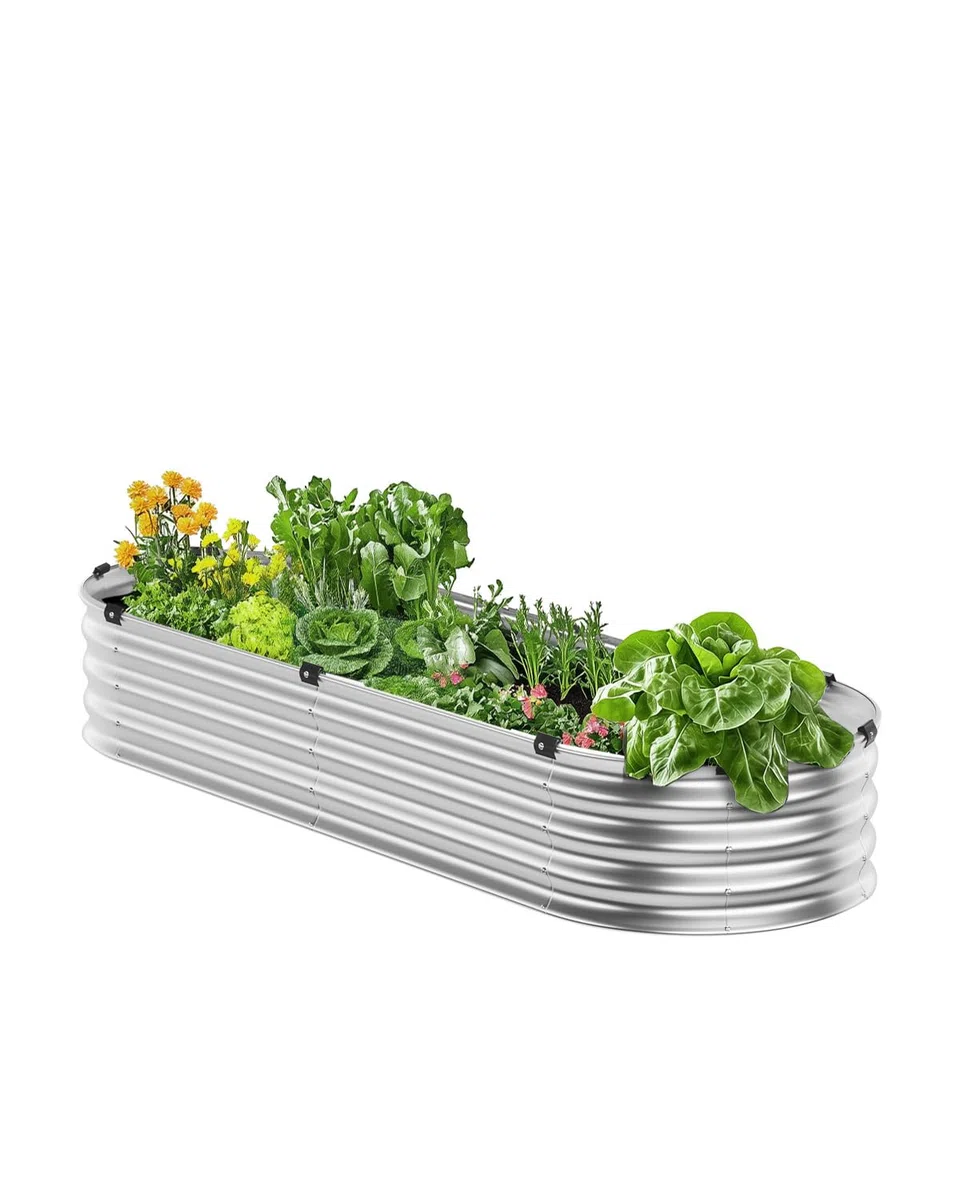 VEVOR Cama de Jardín Elevada de Metal 1195 x 585 x 270 mm con Fondo Abierto para Exteriores, Jardinera Ovalada Galvanizada para Jardinería de Verduras, Flores, Hierbas y Plantas Suculentas, Plateado