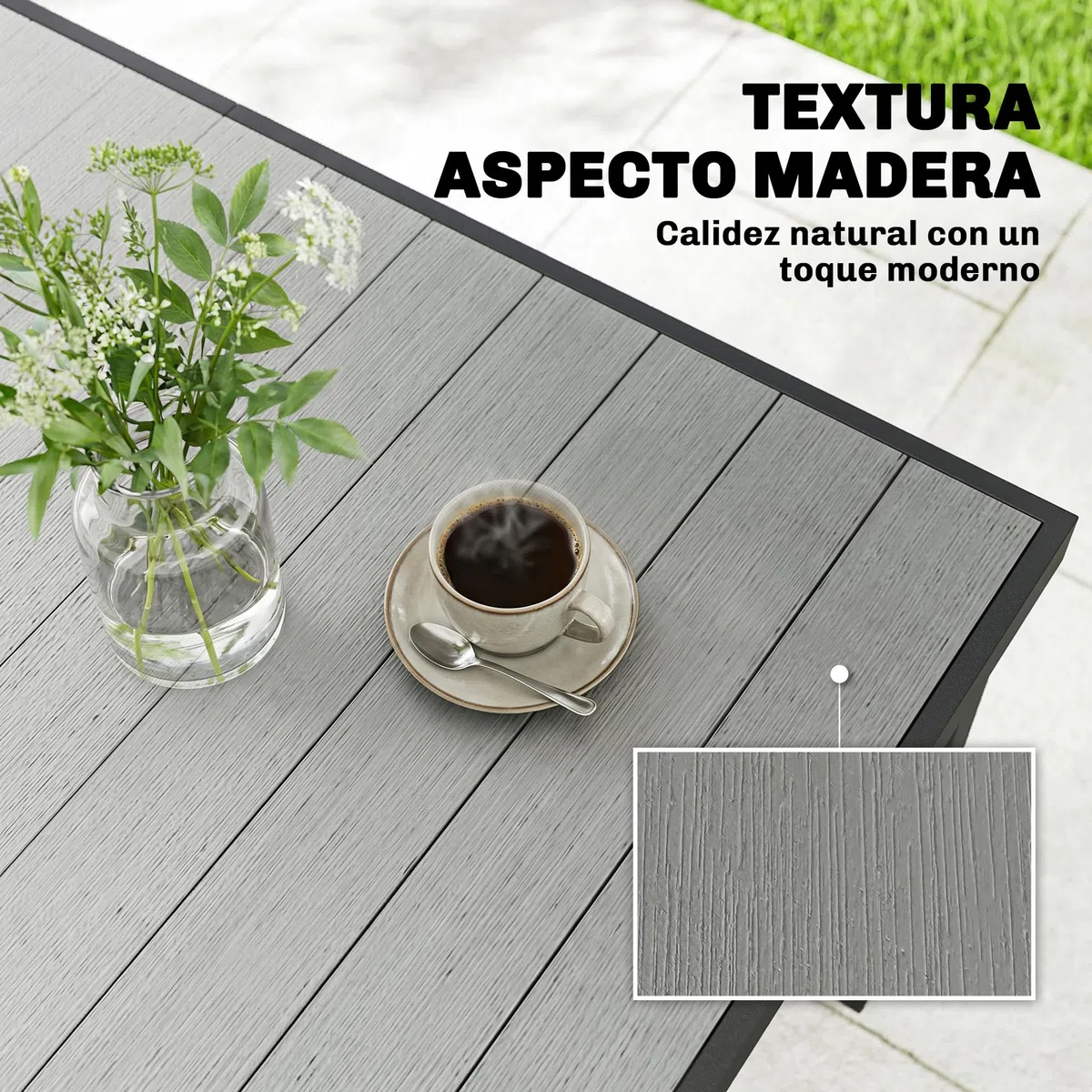 Outsunny Mesa de Comedor de Jardín Rectangular, Mesa de Terraza Exterior 140x90x74 cm, con Estructura de Acero y Encimera Desmontable de WPC de Listones, Carga 50 kg, para Patio, Balcón, Gris