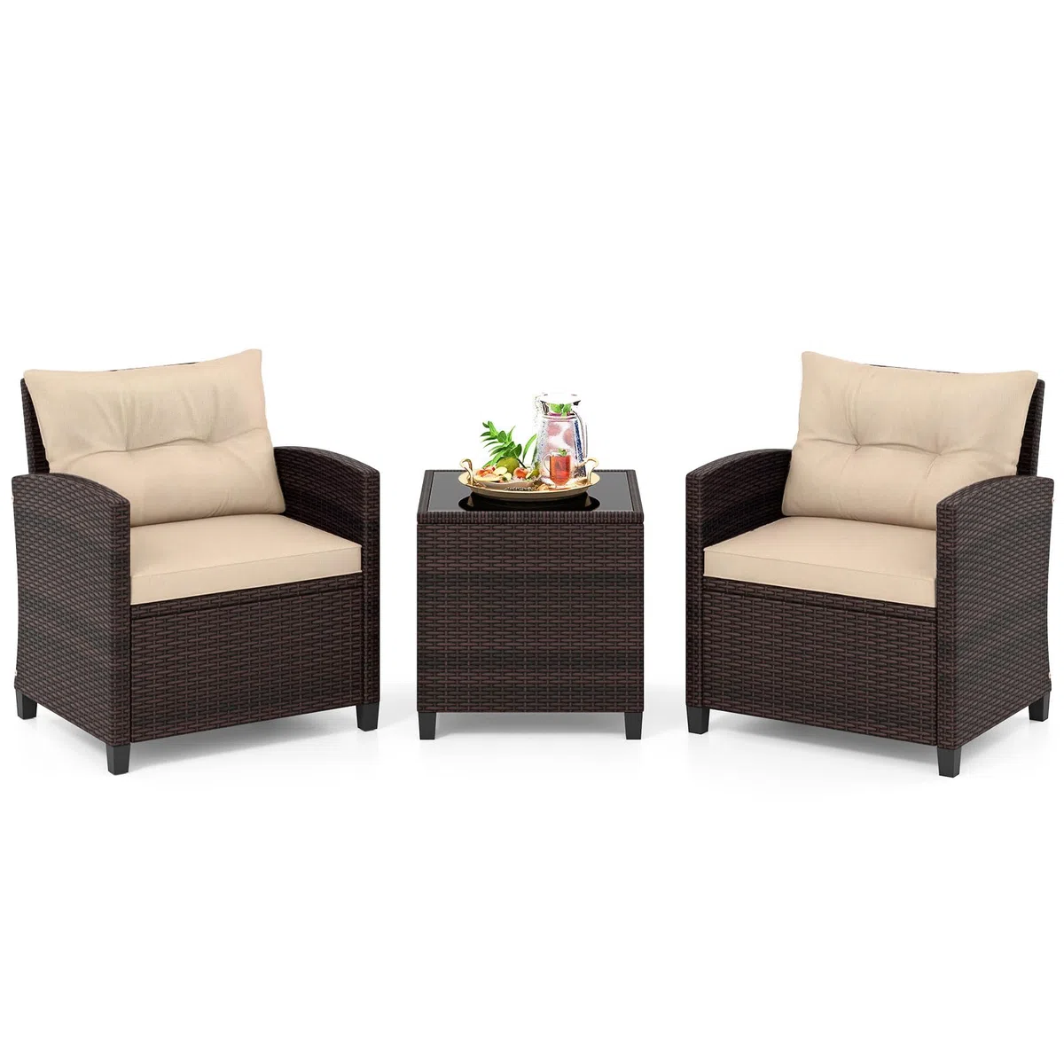 COSTWAY Conjunto Jardin Exterior de Ratán 3 Piezas, 1 Mesa Auxiliar de Vidrio Templado y 2 Sillas con Cojines, Muebles Jardin Terraza Balcon Exterior (Brown)