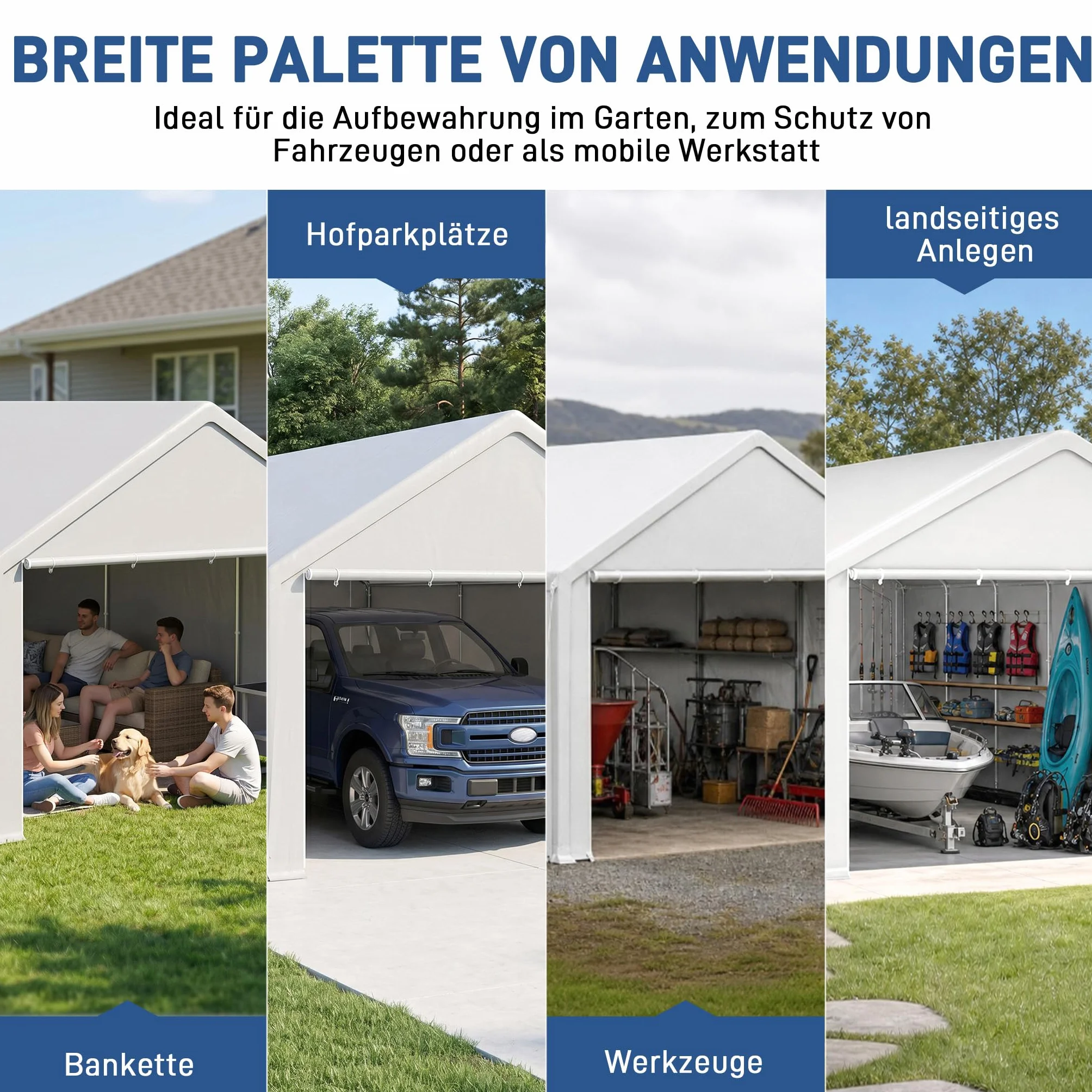 Carport - Tienda de campaña (3 x 6 m, lona de polietileno, resistente a la intemperie, marco de acero galvanizado, con anclajes y cuerdas tensoras, refugio para coches, dispositivos y