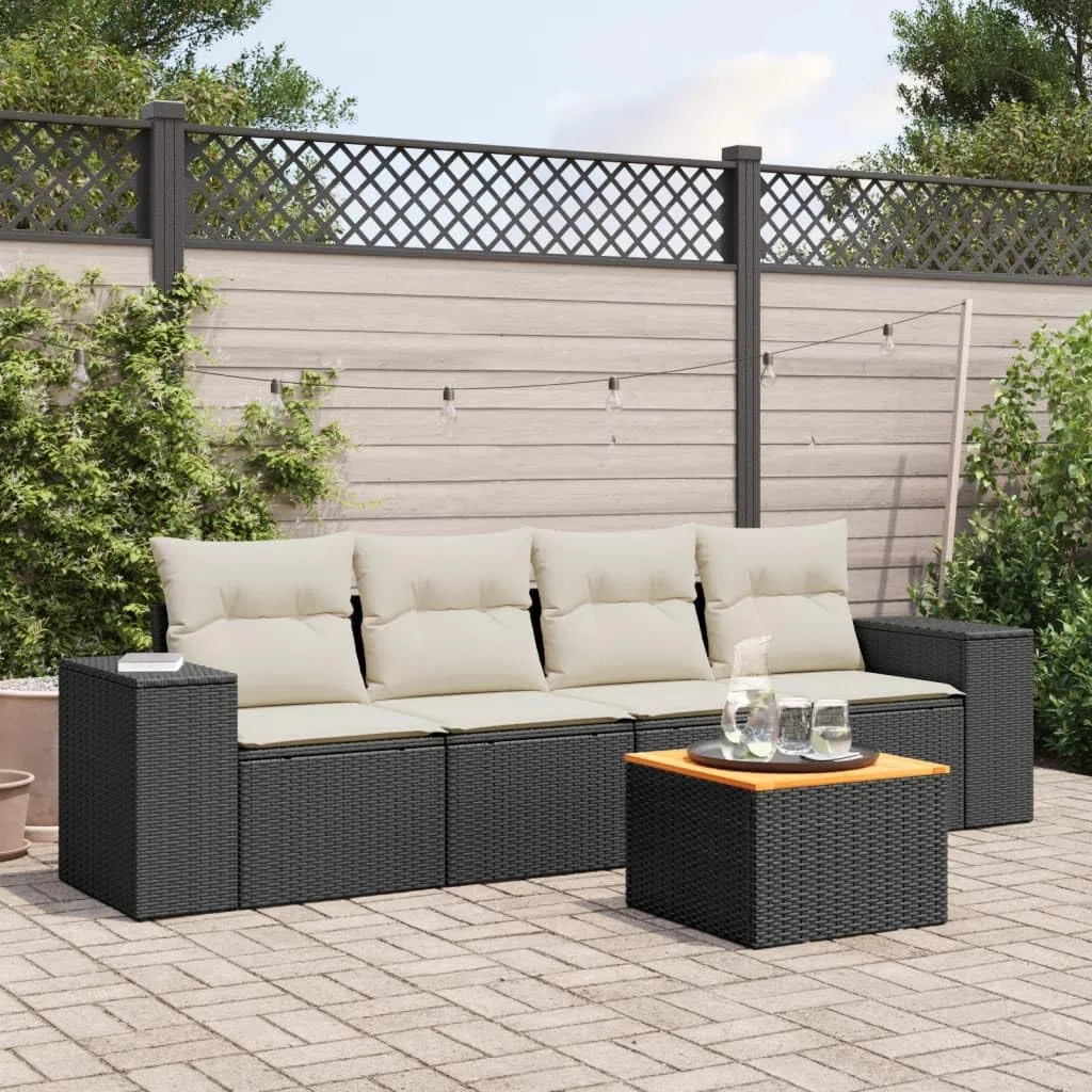 vidaXL Set de Muebles de Jardín con Cojines 5 pzas, Mesa y Asientos Modulares, Conjunto de Sofás para Terraza Patio, Ratán Sintético Negro