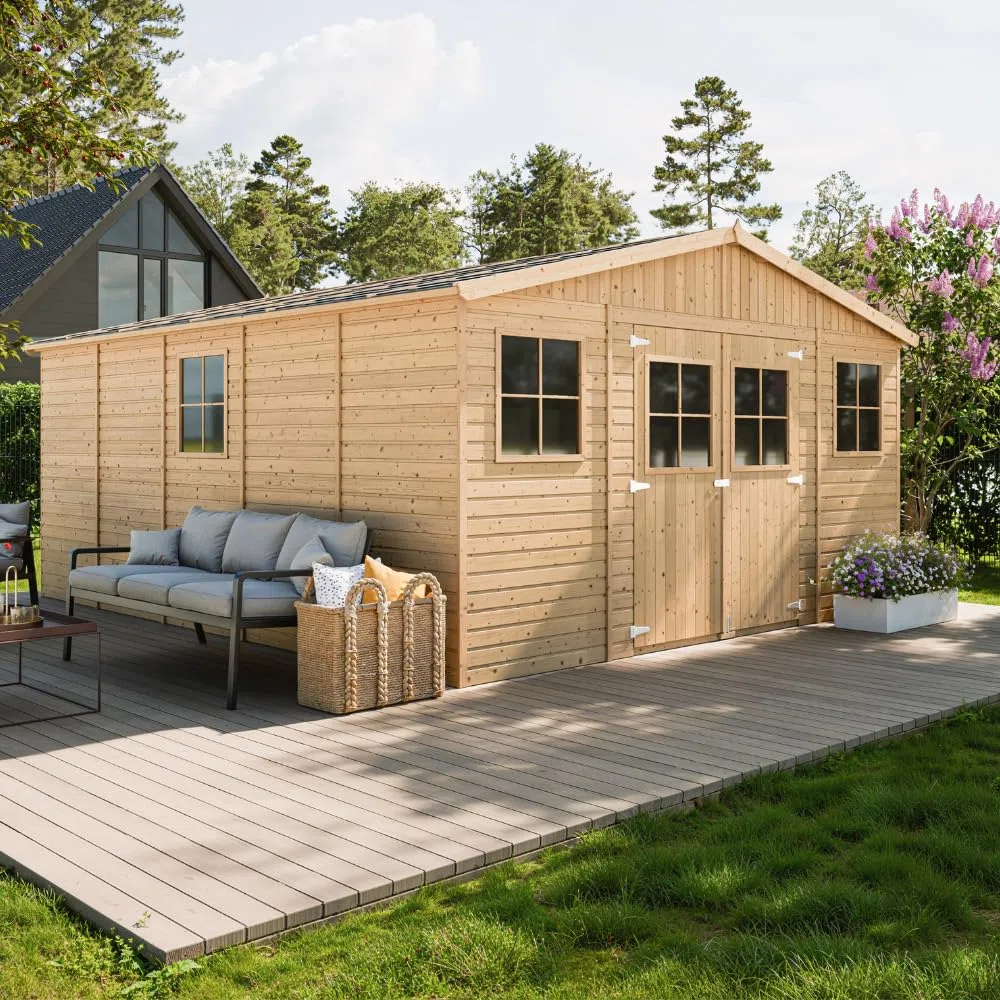 Cobertizo de Madera para jardín - A246x418x522cm/20m2 Cobertizo de Madera Natural - Taller de Jardín - Bicicleta, Almacenamiento de Herramientas TIMBELA M333
