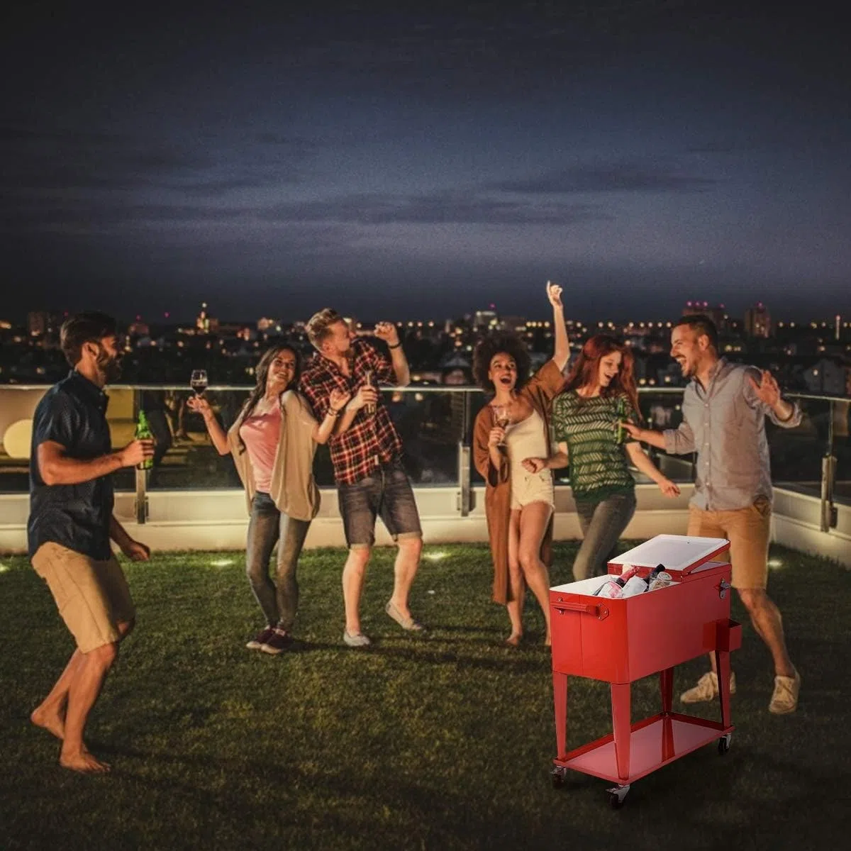 GOPLUS Carrito Nevera 76L, Nevera Portátil con Ruedas para Bebidas y Hielo, Bar Móvil con Sacacorchos y Estantes para Jardín Terraza Picnic Fiesta Exterior