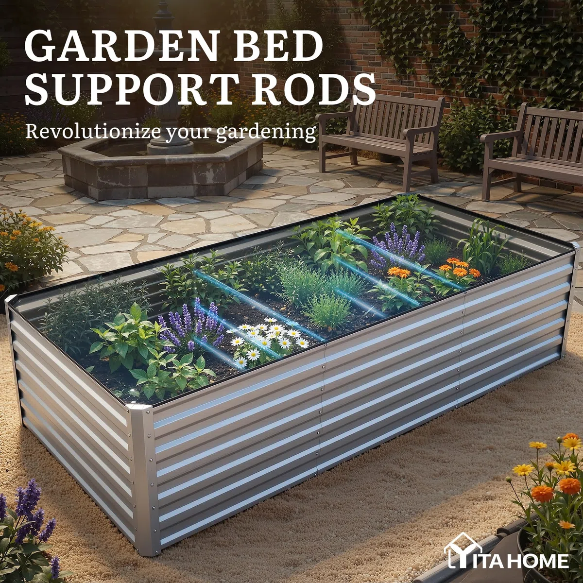 YITAHOME Juego de 1 Camas elevadas para jardín al Aire Libre de 240 x 120 x 58 cm, Camas elevadas de Metal de Zinc, Aluminio y magnesio, Camas elevadas para jardín con Barra de Apoyo y Guantes