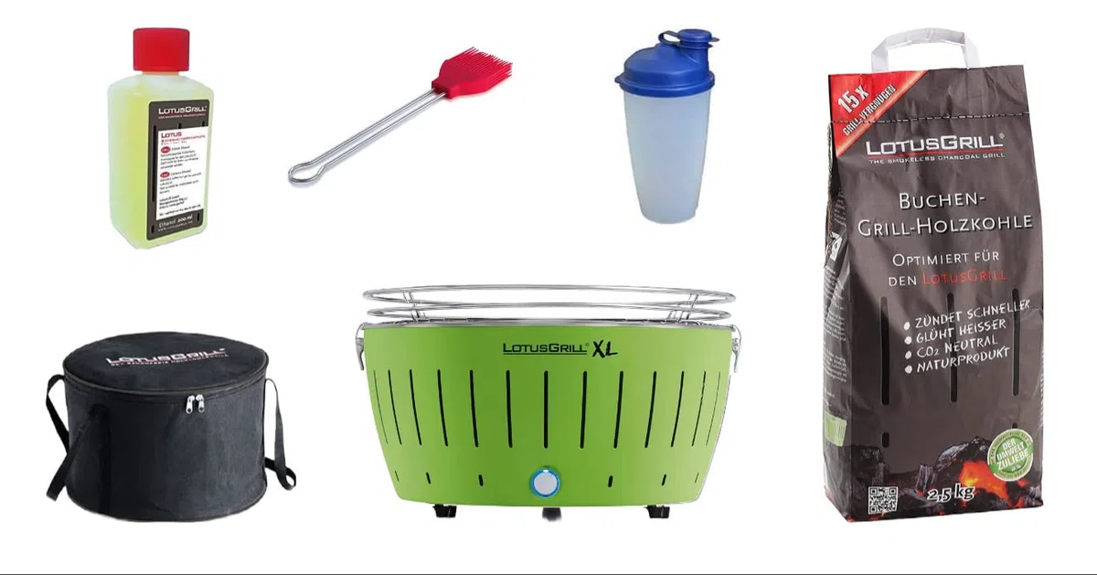 LotusGrill XL Starter Juego de 1 x lotusgrill XL cal verde 1 x haya Carbón vegetal 1 kg, 1 x quemar 200 ml, 1 x Marini Pincel , 1 x bolsa