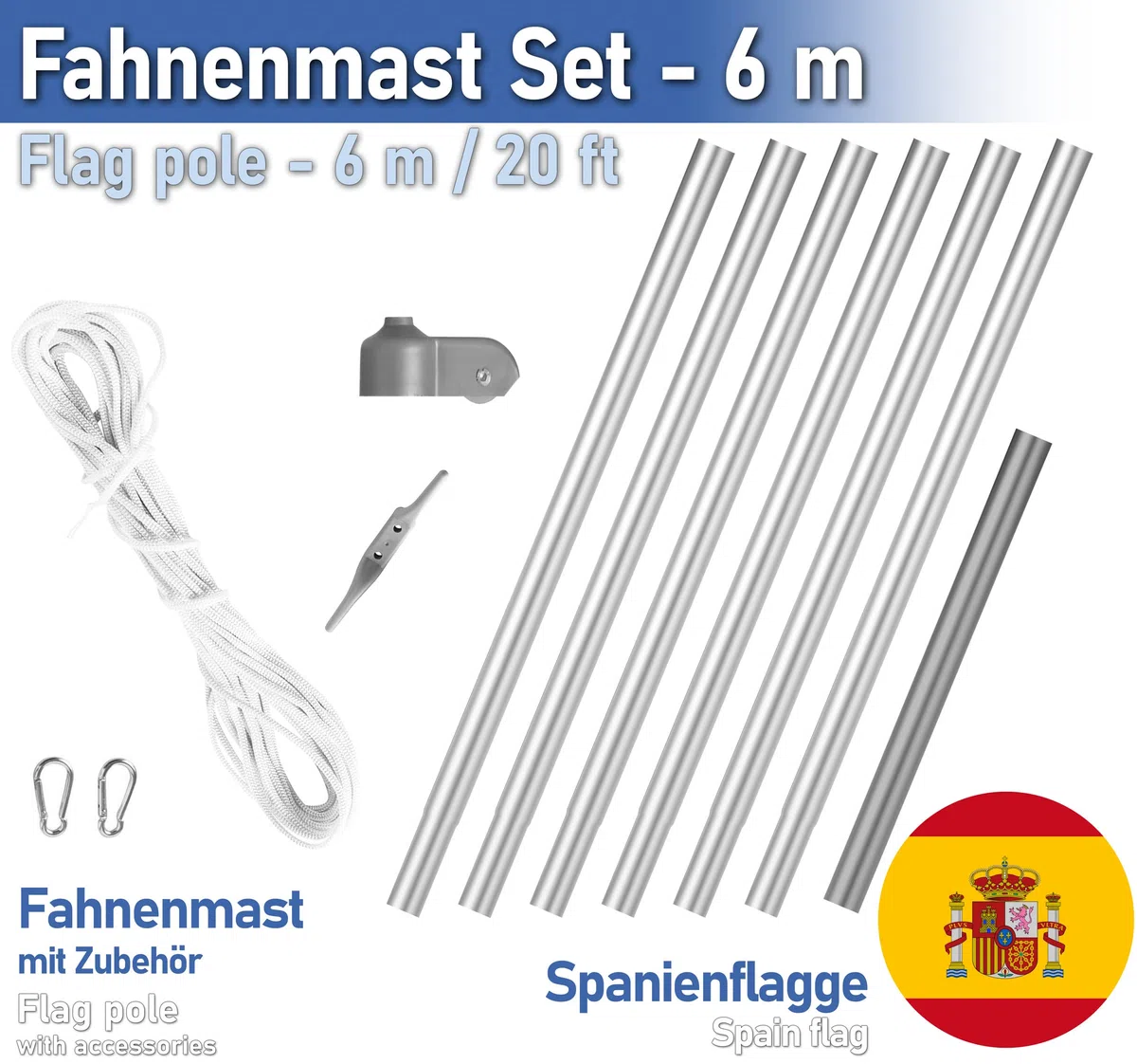 BRUBAKER Mástil Aluminio Exterior 6 m Incluye Bandera de España 150 x 90 cm y Soporte de Tierra