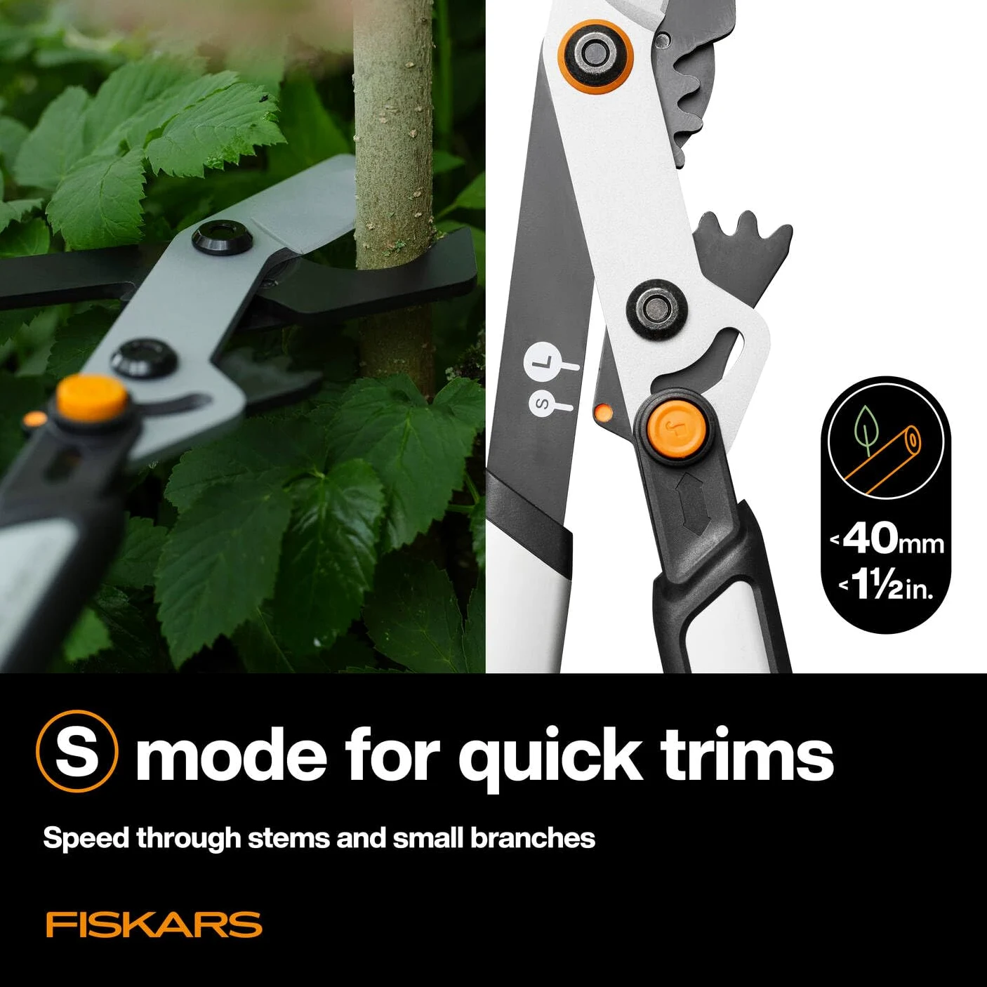 Fiskars X-series DualAction Tijeras de podar Bypass LX108, 2en1 para cortes rápidos o potentes, Cuchillas de acero antiadherente/Mangos ligeros de aluminio con SoftGrip, Negro/Naranja, 1080133