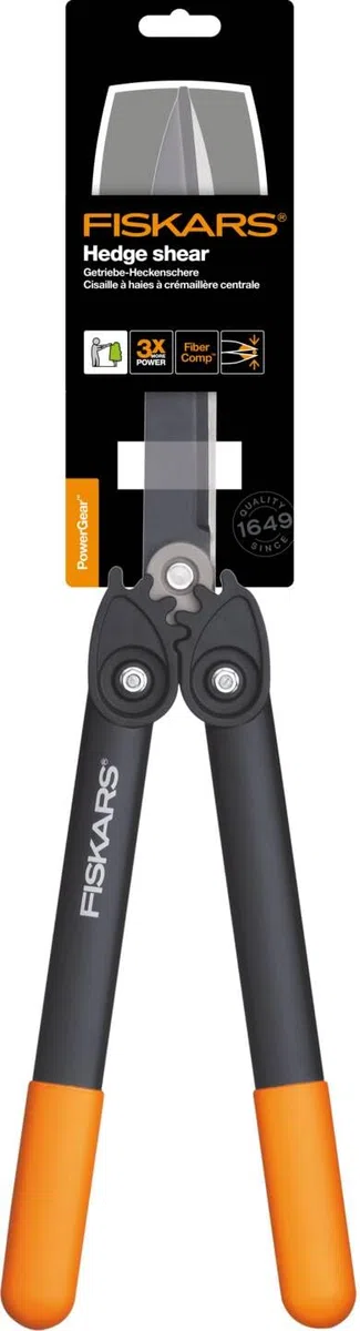 Fiskars Tijeras cortasetos PowerGear II, Revestimiento antiadherente, Hojas de acero inoxidable, Longitud: 57 cm, HS72, Negro/Naranja, 1000596
