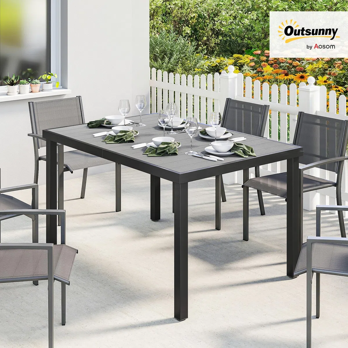 Outsunny Mesa de Comedor de Jardín Rectangular, Mesa de Terraza Exterior 140x90x74 cm, con Estructura de Acero y Encimera Desmontable de WPC de Listones, Carga 50 kg, para Patio, Balcón, Gris