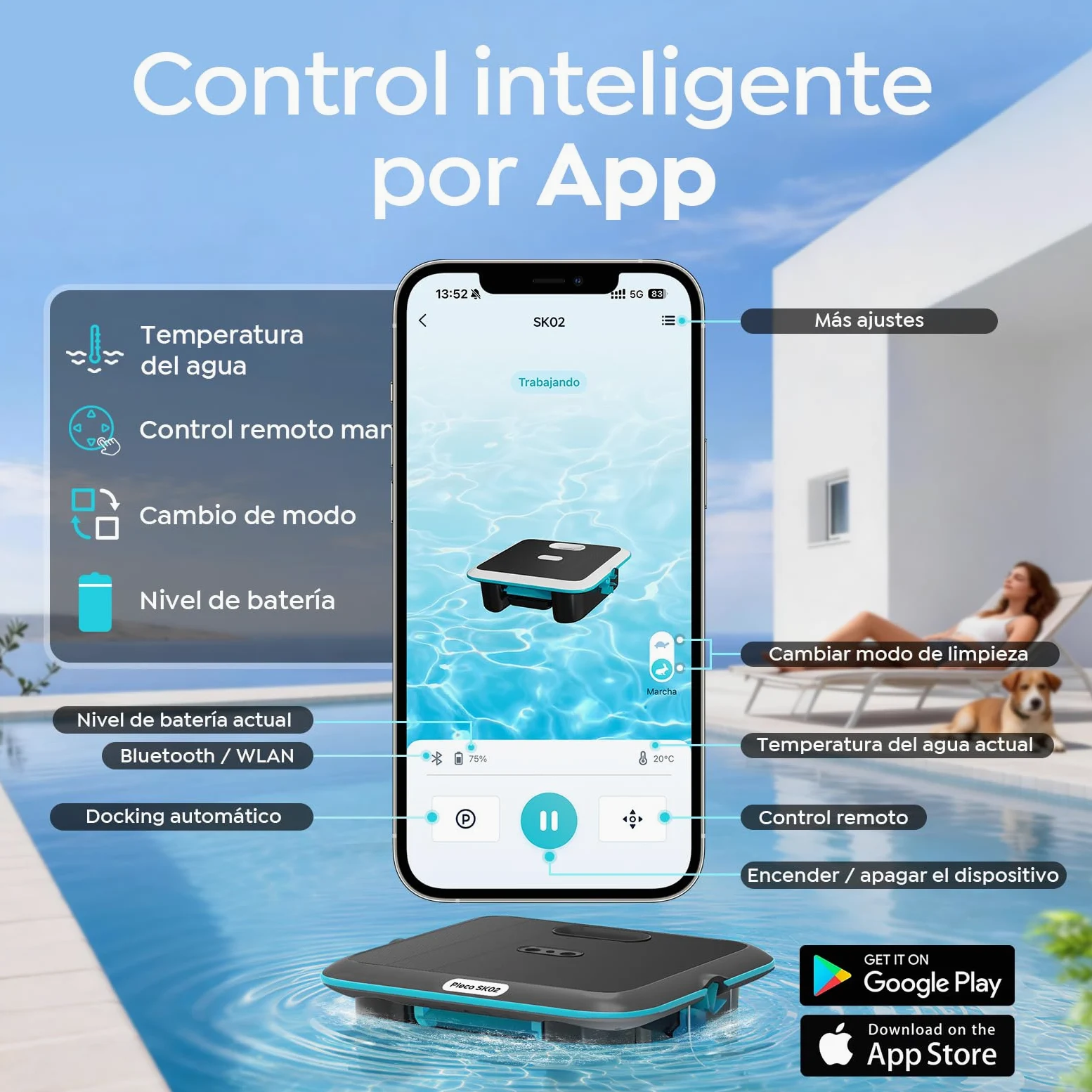 SK02 Robot Limpiafondos Piscina, Skimmer de Piscina Solar con Control App,Carga Dual, Sensor de Temperatura, Limpiador de Piscina Skimmer Automático 24/7