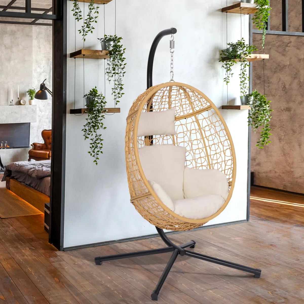 IDMarket – Sillón colgante calado efecto ratán con cojín crudo