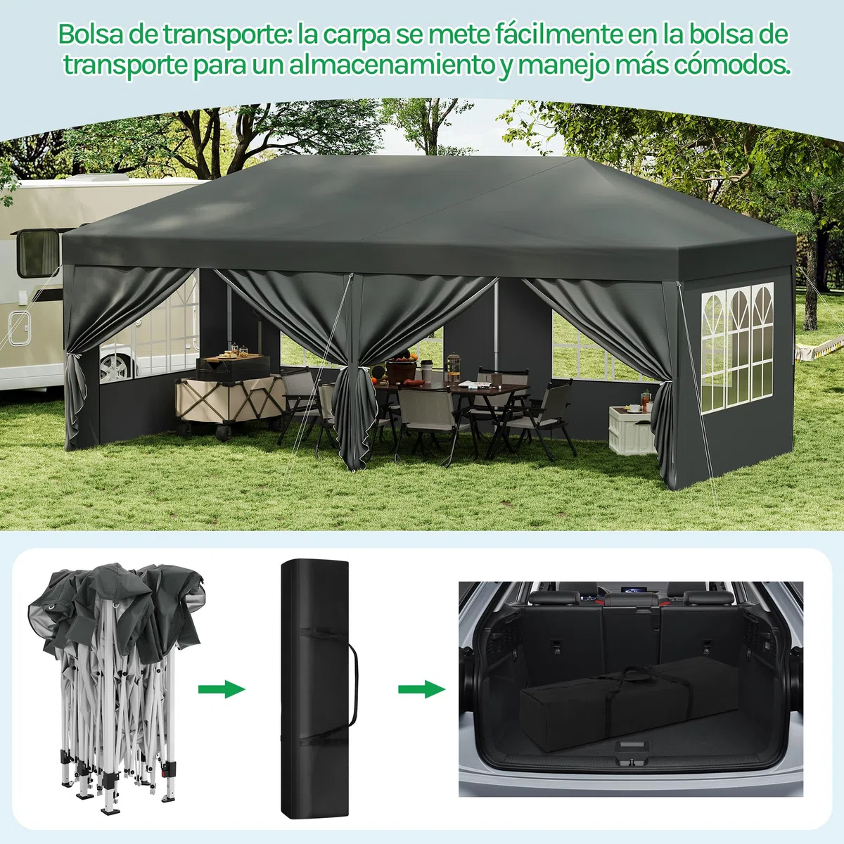 Laneetal Gazebo de Jardín 3x6 m, Carpa Plegable e Impermeable, Pergola Jardín Marco Metalico, Pabellón Cenador para Camping y Fiestas, 6 Paredes Laterales y 4 Ventanas, Antracita
