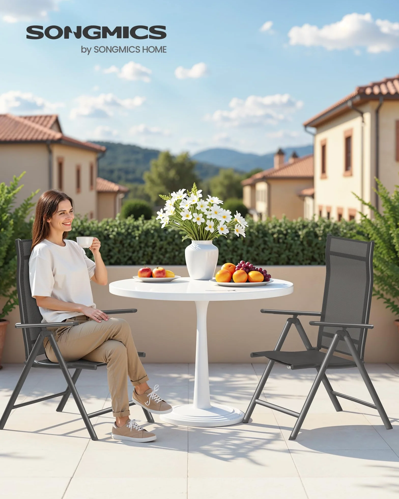 SONGMICS - Silla de jardín Plegable, Juego de 2, Asiento al Aire Libre, Marco de Metal, Respaldo Ajustable en 8 Posiciones, Capacidad de Carga 150 kg, Negro GCB29BK