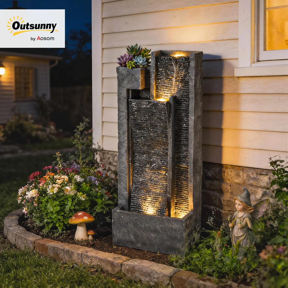 Outsunny Fuente de Agua Decorativa con Iluminación LED y Maceta, Fuente de Jardín Exteror en Cascada de 3 Niveles, con Bomba, Resistente a la Intemperie, para Jardín, Patio, 38x19x101 cm, Gris Oscuro
