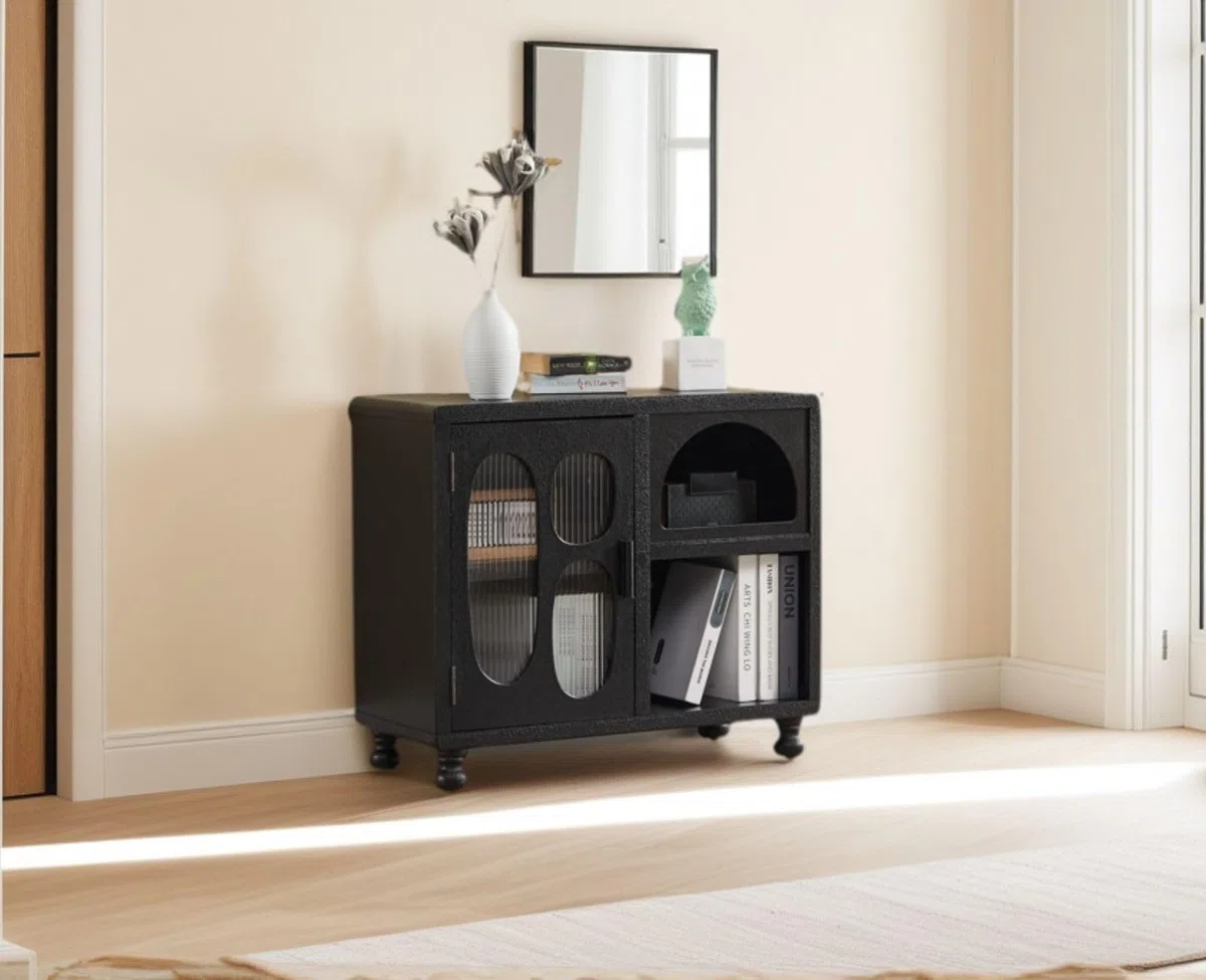 Ya-Home Armario Bajo de Almacenamiento Interior y Exterior 35X80X68cm, Aparador de Madera con 1 Puertas y 3 Comparticiónes Salon/Cocina/Dormitorio,Negro