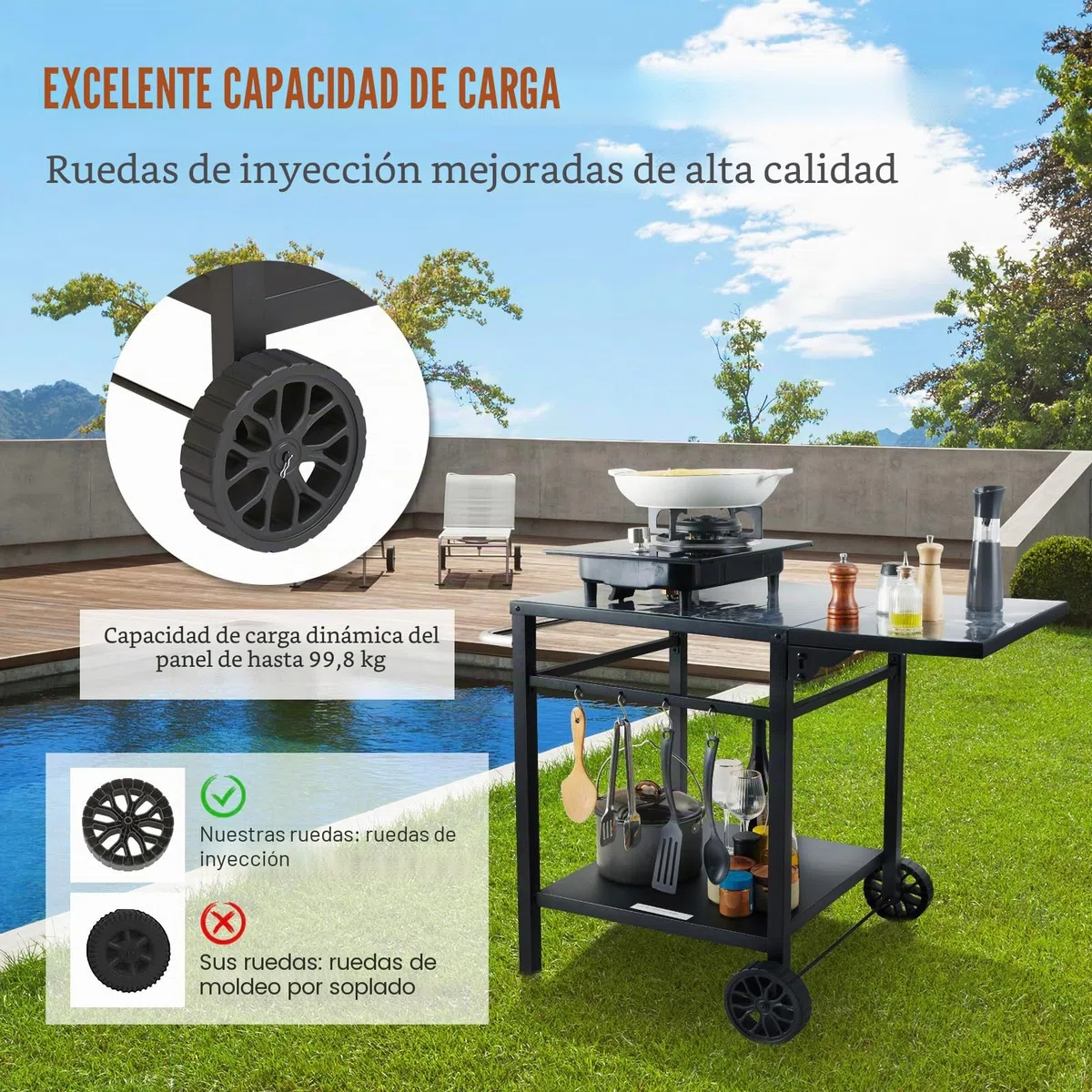 VEVOR Carrito de Comedor para Barbacoa al Aire Libre con Estante Doble, Mesa Móvil de Preparación de Alimentos para Barbacoa, Mesa de Hierro Plegable Multifuncional, Carros Modulares para Exteriores