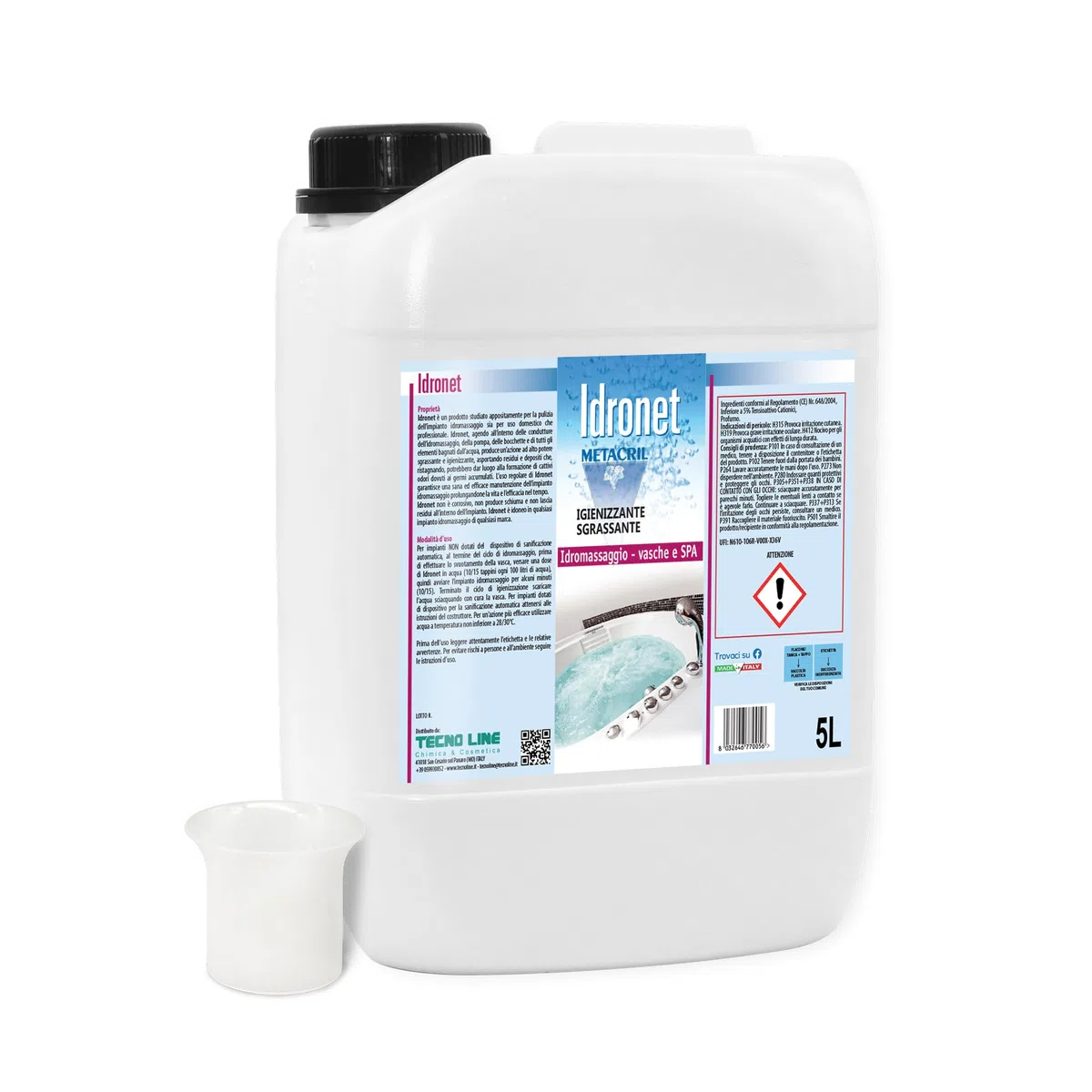 Metacril Idronet, Limpiador Universal Específico para Bañeras de Hidromasaje y SPA, Fórmula No Espumante con Acción Desengrasante + Vaso Dosificador Graduado – 5 L