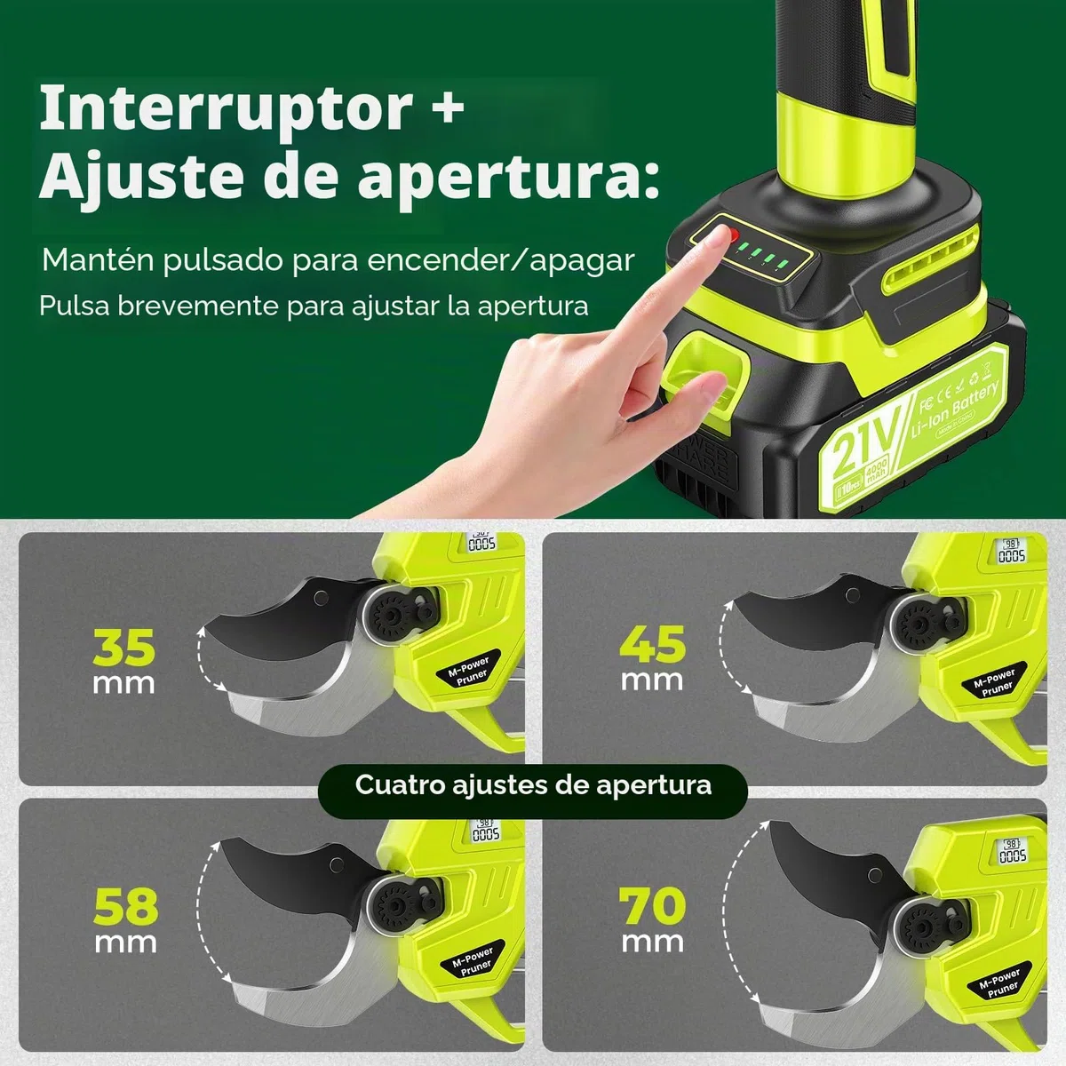 Tijeras de Podar Electricas, 60mm Tijeras de Podar Bateria 4000 mAh, 1200W Motor sin Escobillas, Hoja SK7, 4 Tamaños de Apertura 35-70mm, Profesional Tijeras de Podar para Huertos, Jardines, Granjas