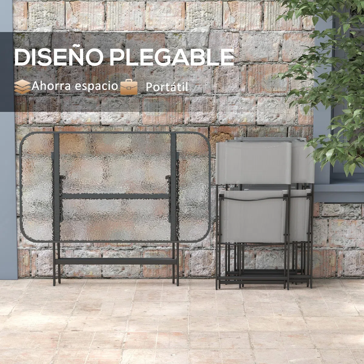 Outsunny Conjunto de Jardín Conjunto de Comedor de Exterior de 5 Piezas Incluye 1 Mesa de Vidrio Templado y 4 Sillas Plegables Estilo Moderno para Terraza Patio Gris