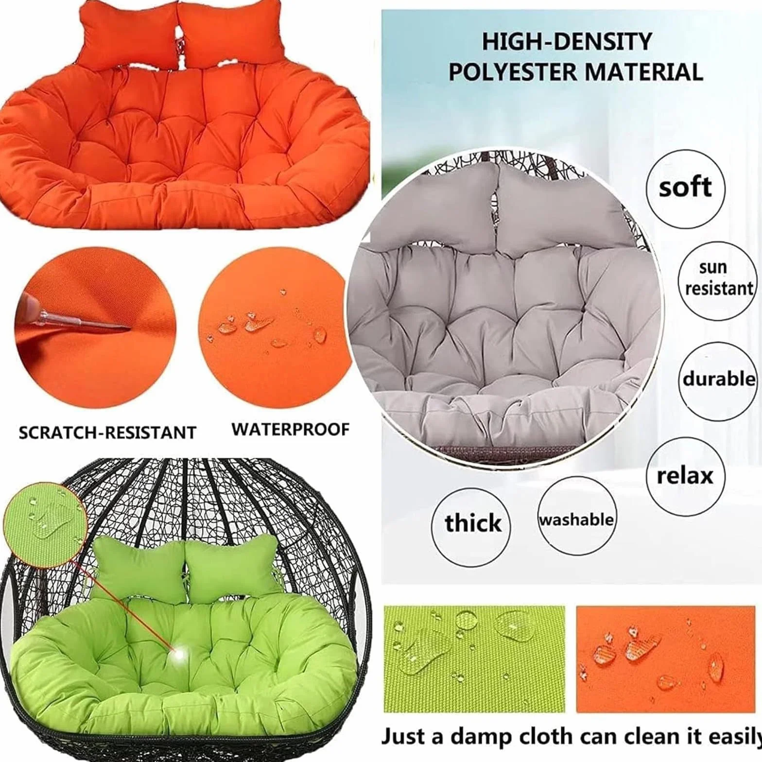 Silla colgante doble de ratán para 2 personas con reposacabezas ajustables y colchón colgante, muebles de jardín para patio al aire libre, color marrón