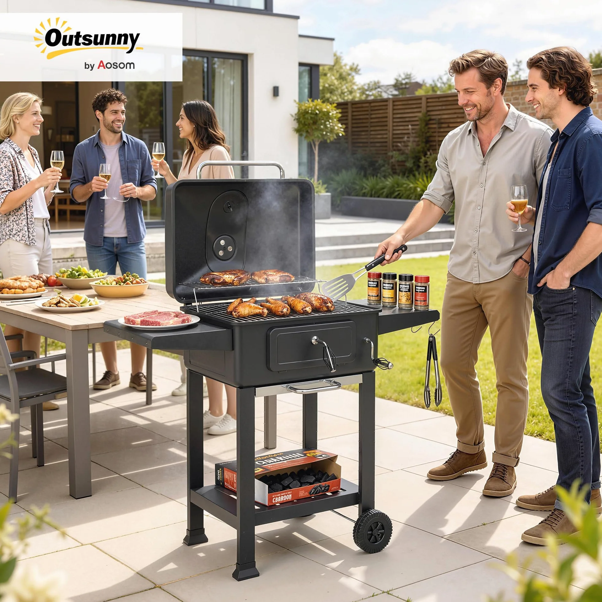 Outsunny Barbacoa de Carbón Portátil, Barbacoa de Carbón Móvil con Bandeja y Ventilación Ajustable, Estantes Laterales, Termómetro, Tapa, Cajón de Cenizas, Ruedas, Puerta Frontal, Asa, Negro