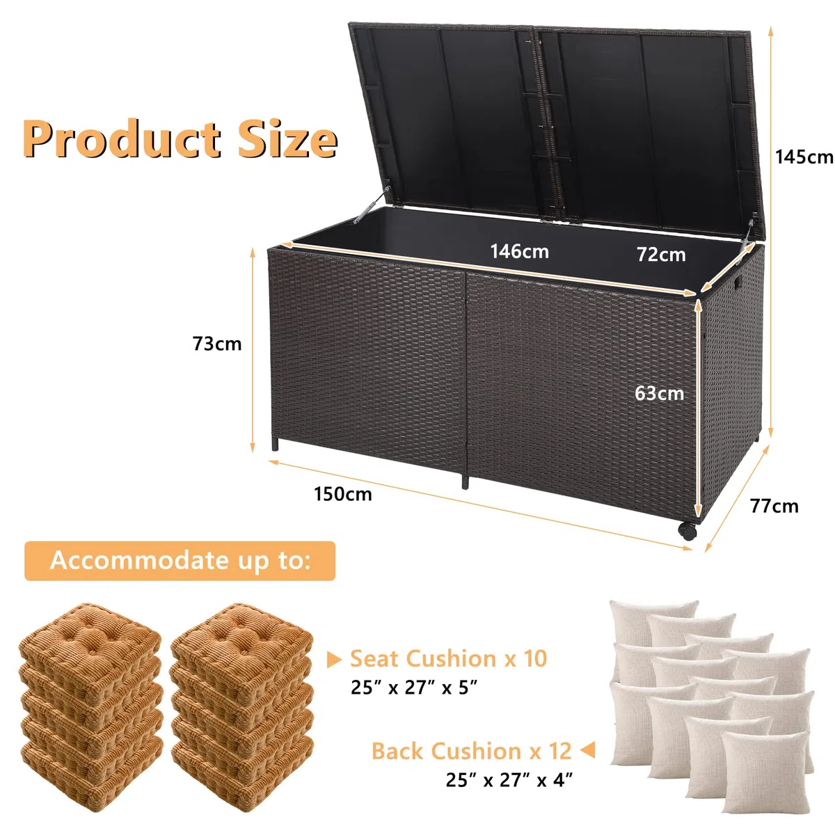 KOMFOTTEU Caja de Almacenamiento de 662 L con Tapa, Baúl de Jardín de Ratán con 2 Ruedas, Arcon Exterior con Asas para Balcón, Terraza, Patio, 150 x 77 x 73 cm
