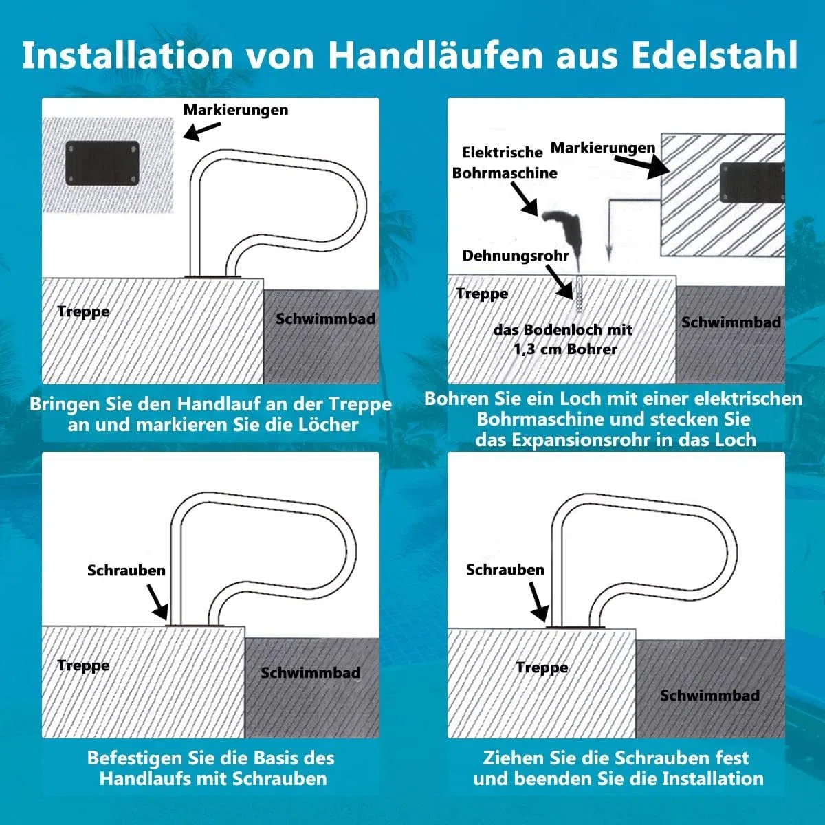 FANTASK Pasamanos para piscina, asistente de acceso 304 de acero inoxidable, asa para piscina