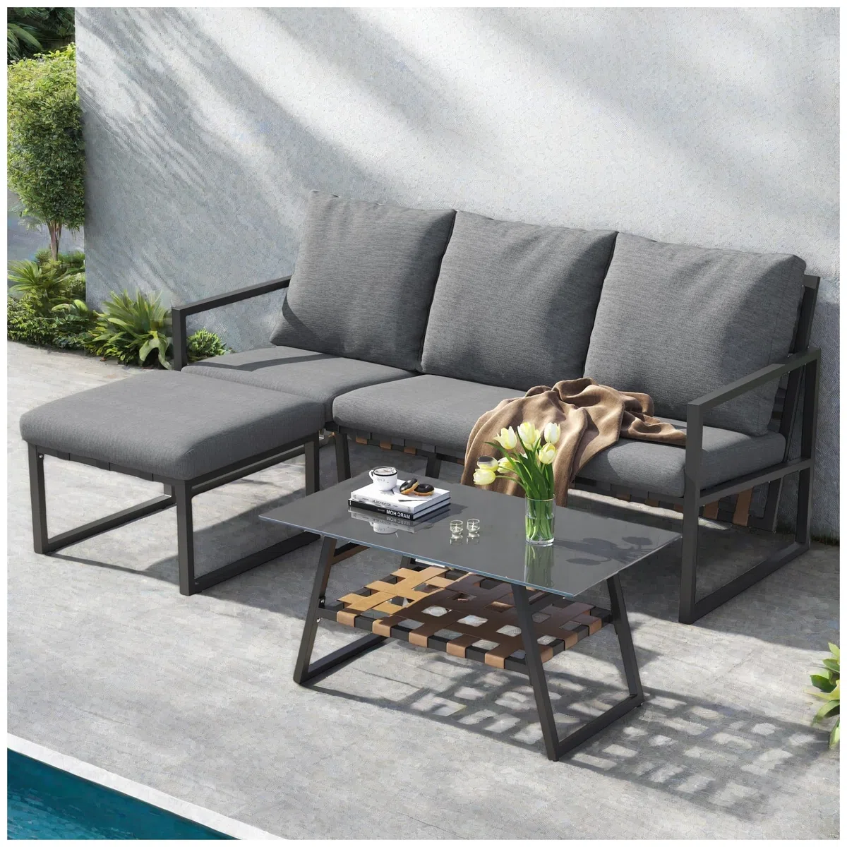 Juego de muebles de jardín, sofás para 4 personas, juego de esquina, sofá + mesa + reposapiés, tubo de acero galvanizado, tablero de cristal, sofá combinado para exteriores, gris