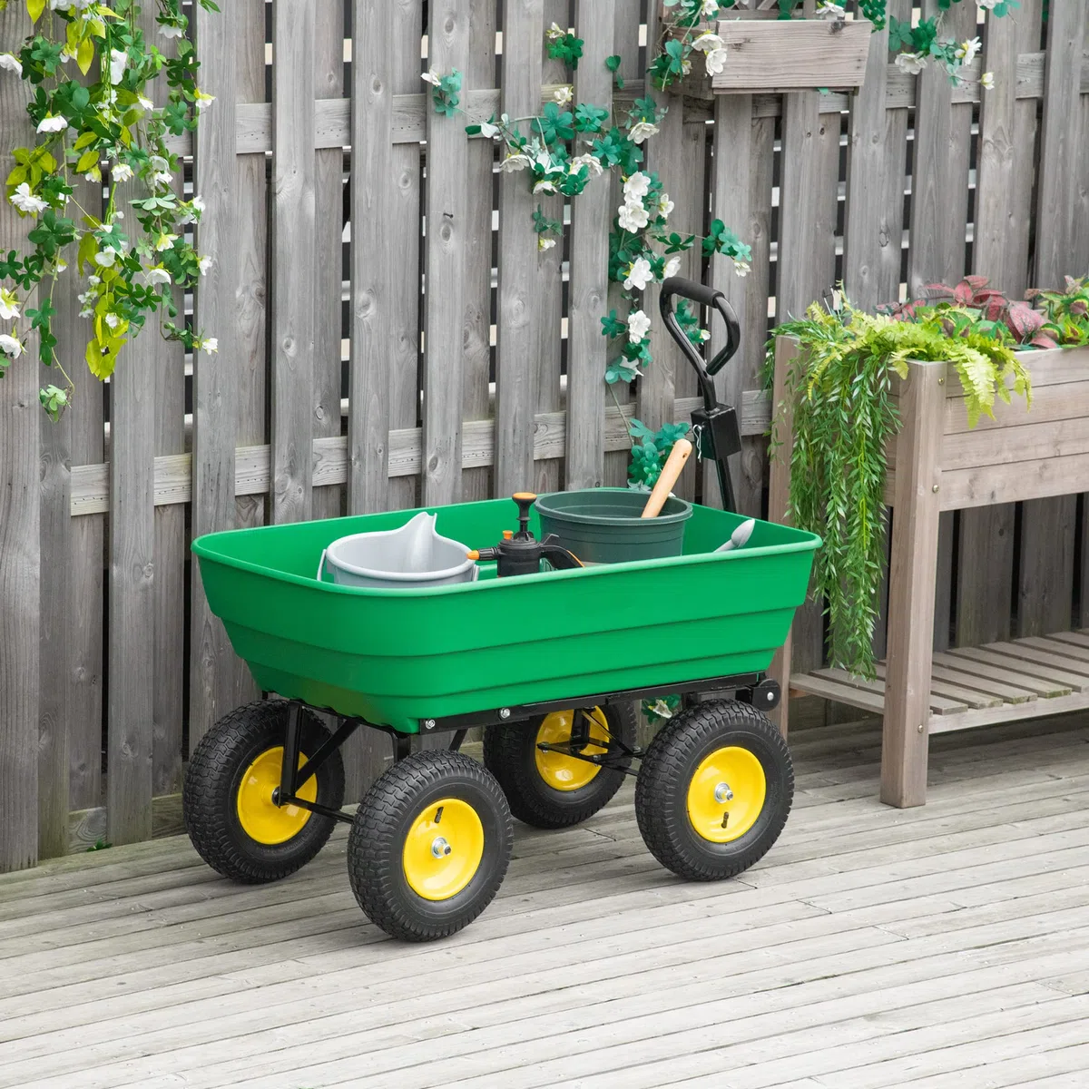 Outsunny Carro de Jardín Basculante Carga 200 kg Capacidad 125 L Carretilla de Transporte Carro para Playa con Marco de Acero y 4 Ruedas Neumáticas Verde