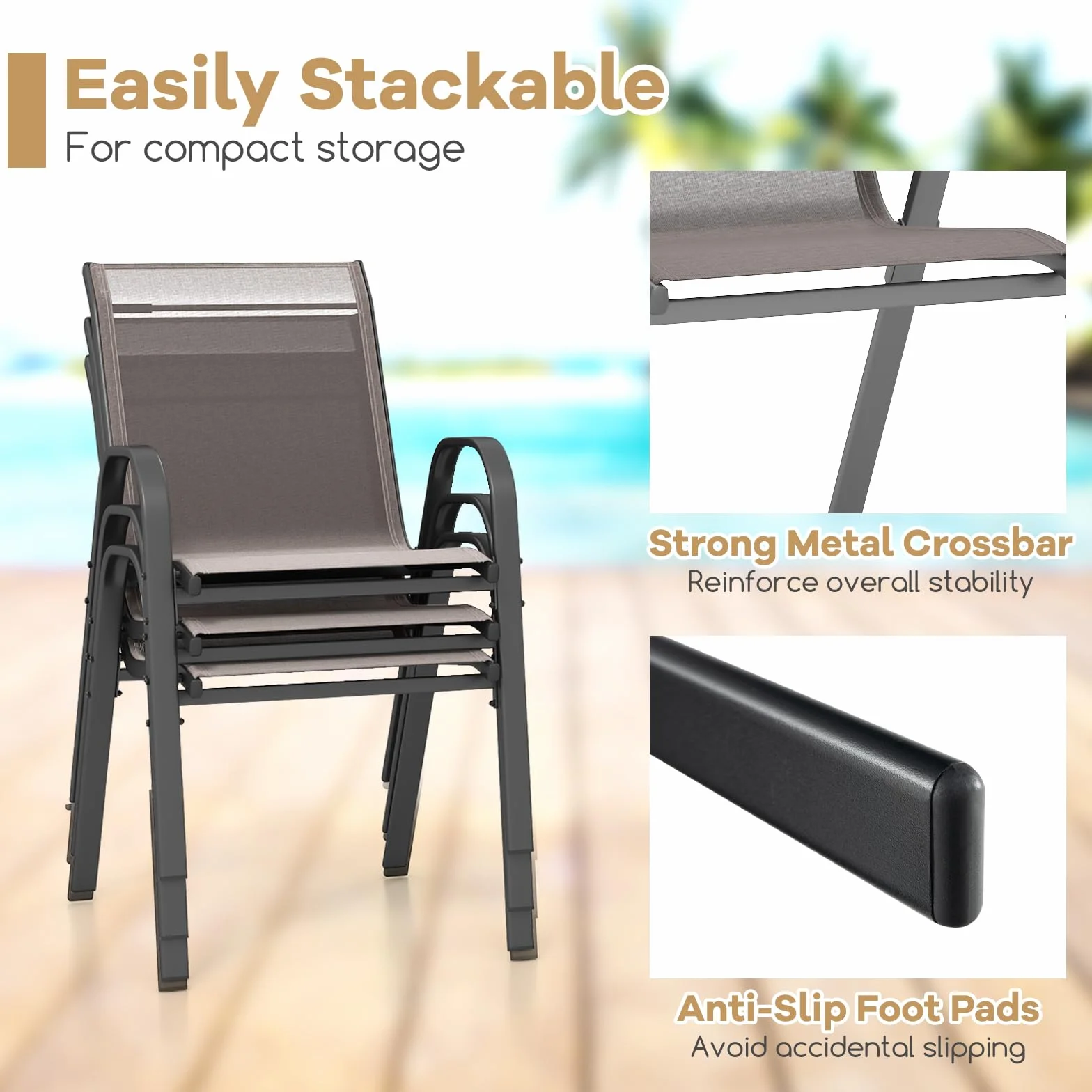 KOMFOTTEU Juego de 2/4 Sillas de Jardín, Silla Apilable Terreza Exterior de Tela con Marco de Metal, Sillón de Comedor con Reposabrazos y Respaldo Alto, Carga 150kg, 56 x 70 x 84 cm (2, Gris)