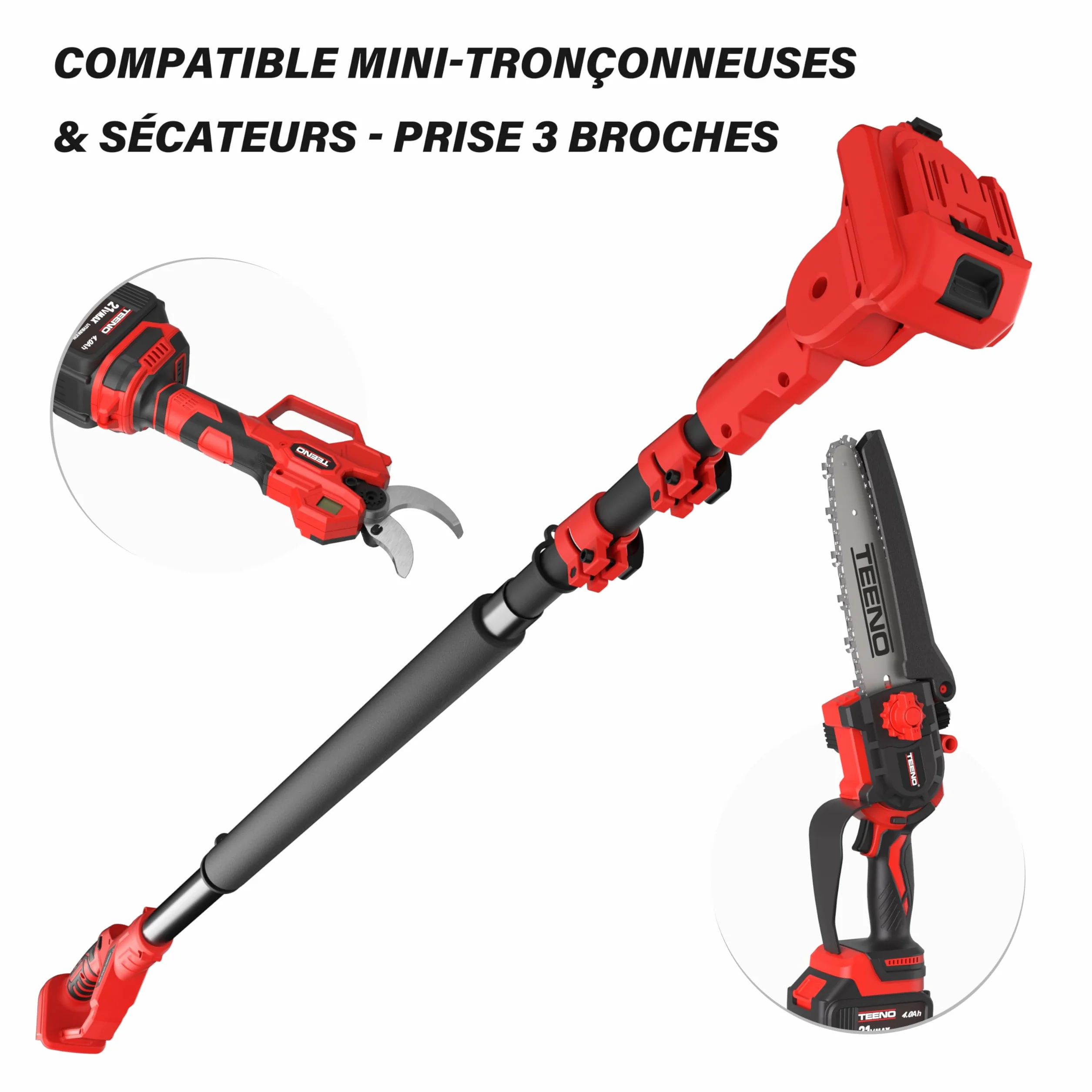 Percha telescópica de poda TEENO, longitud de 1,6 m a 2,8 m, equipada con interfaz Makita Compatible con mini motosierras eléctricas y tijeras de podar, con un enchufe de tres pines